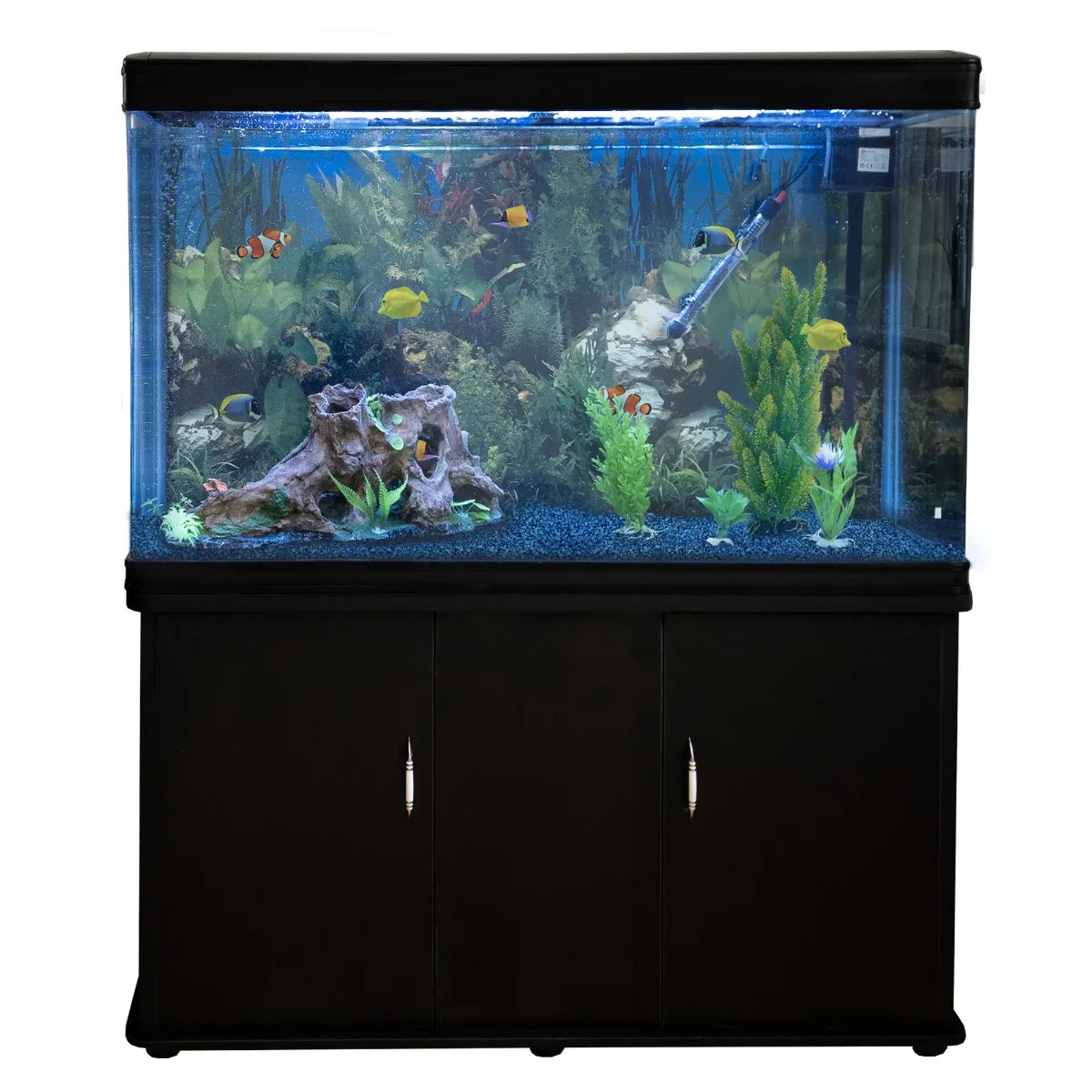 Aquarium Fish Tank & Cabinet with Complete Starter Kit - Black Tank & Blue Gravel