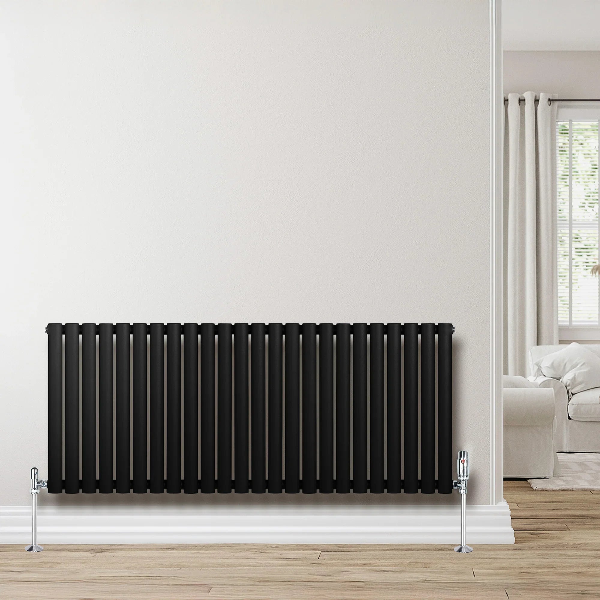 Oval Single Column Radiator & Valves – 600mm x 1440mm – Black