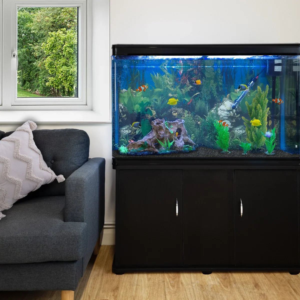 Aquarium Fish Tank & Cabinet with Complete Starter Kit - Black Tank and Black Gravel