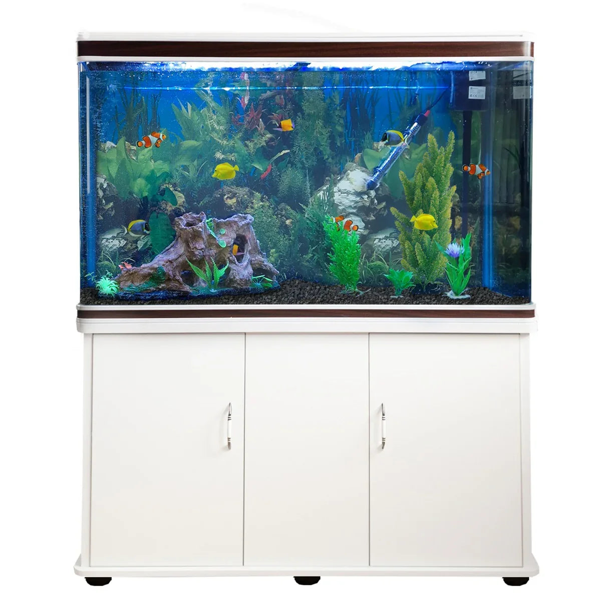Aquarium Fish Tank and Cabinet with Complete Starter Kit - White Tank with Black Gravel