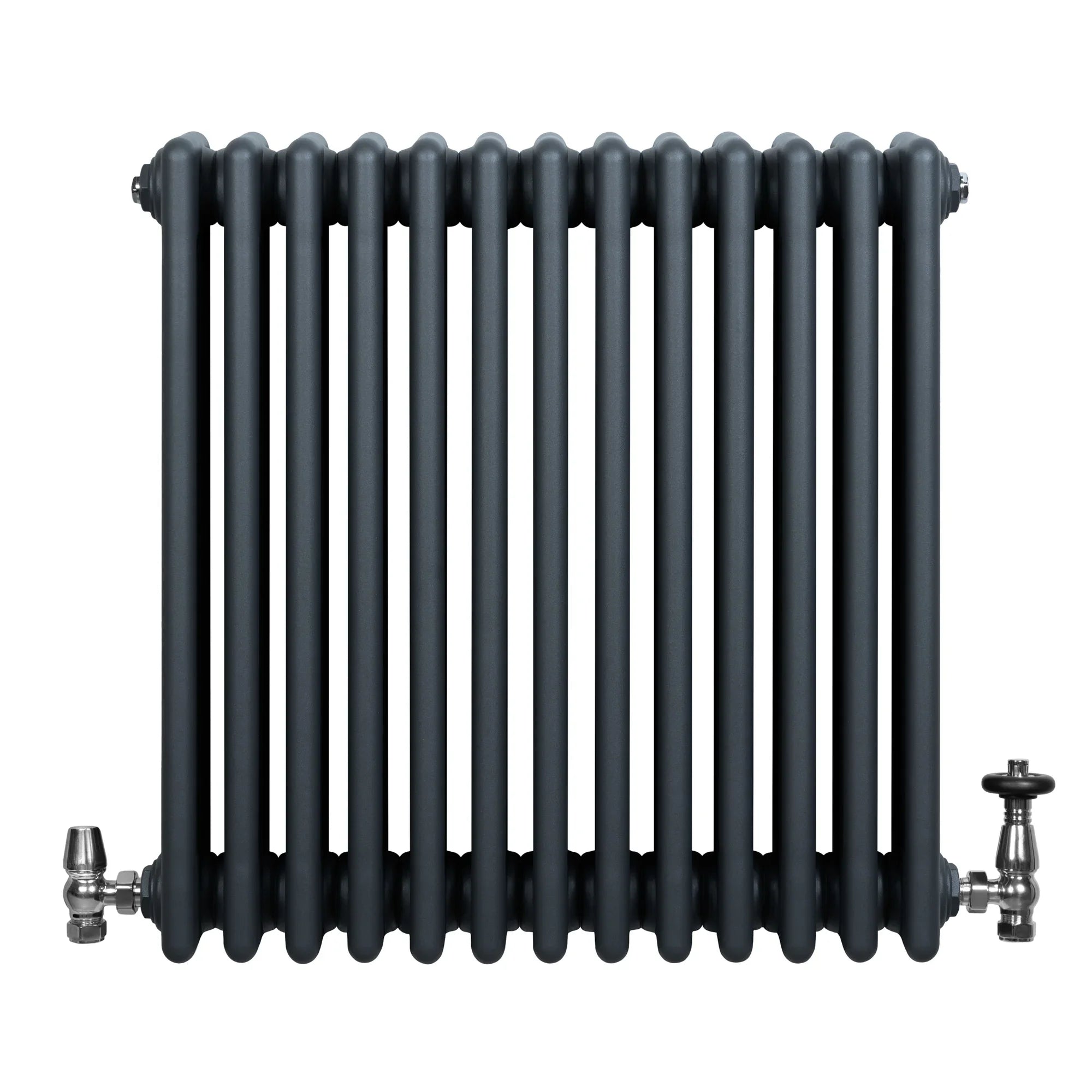 Traditional 4 Column Radiator & Valves - 600 x 605mm - Anthracite Grey