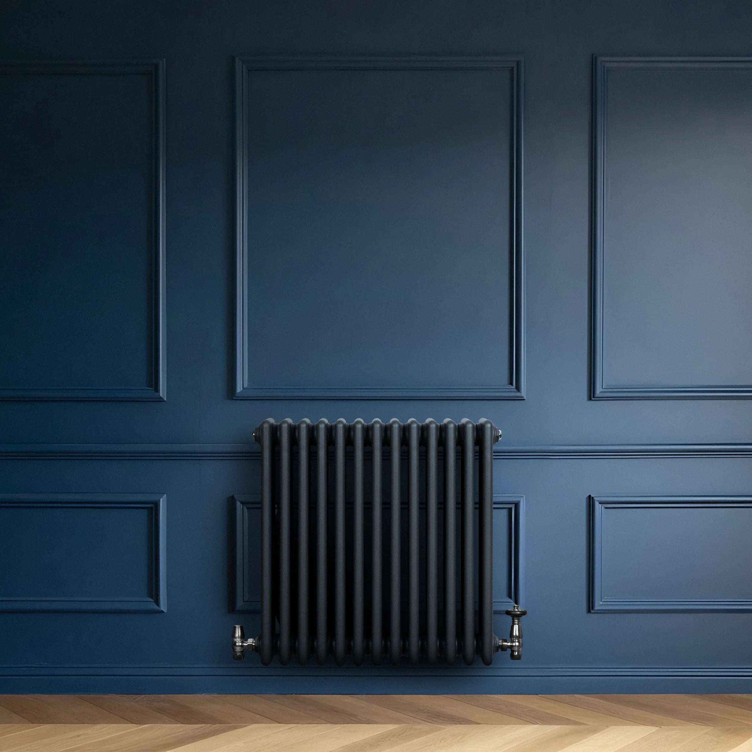 Traditional 4 Column Radiator & Valves - 600 x 605mm - Anthracite Grey