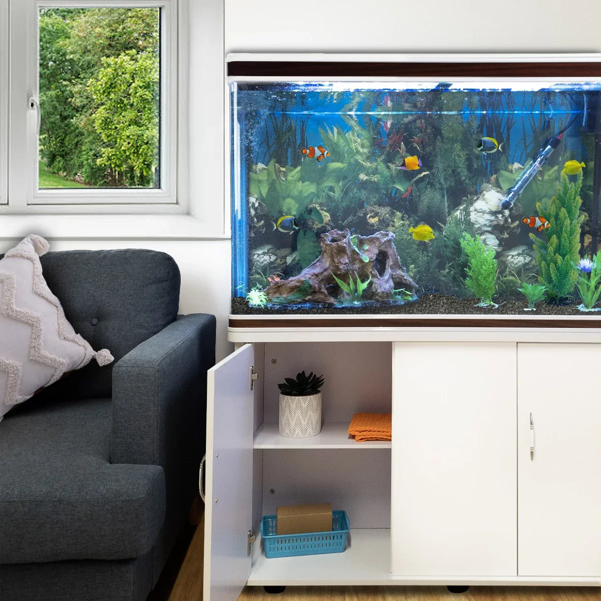 Aquarium Fish Tank and Cabinet with Complete Starter Kit - White Tank with Black Gravel