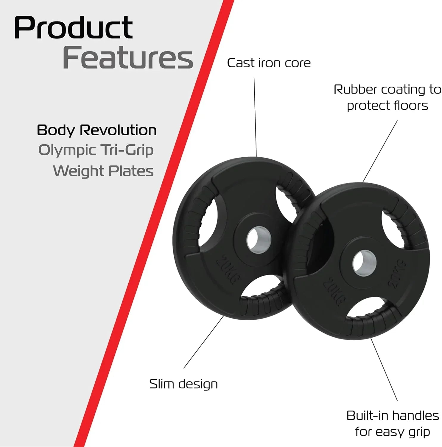 2 x 20kg Olympic Tri-Grip Rubber Weight Black Plates