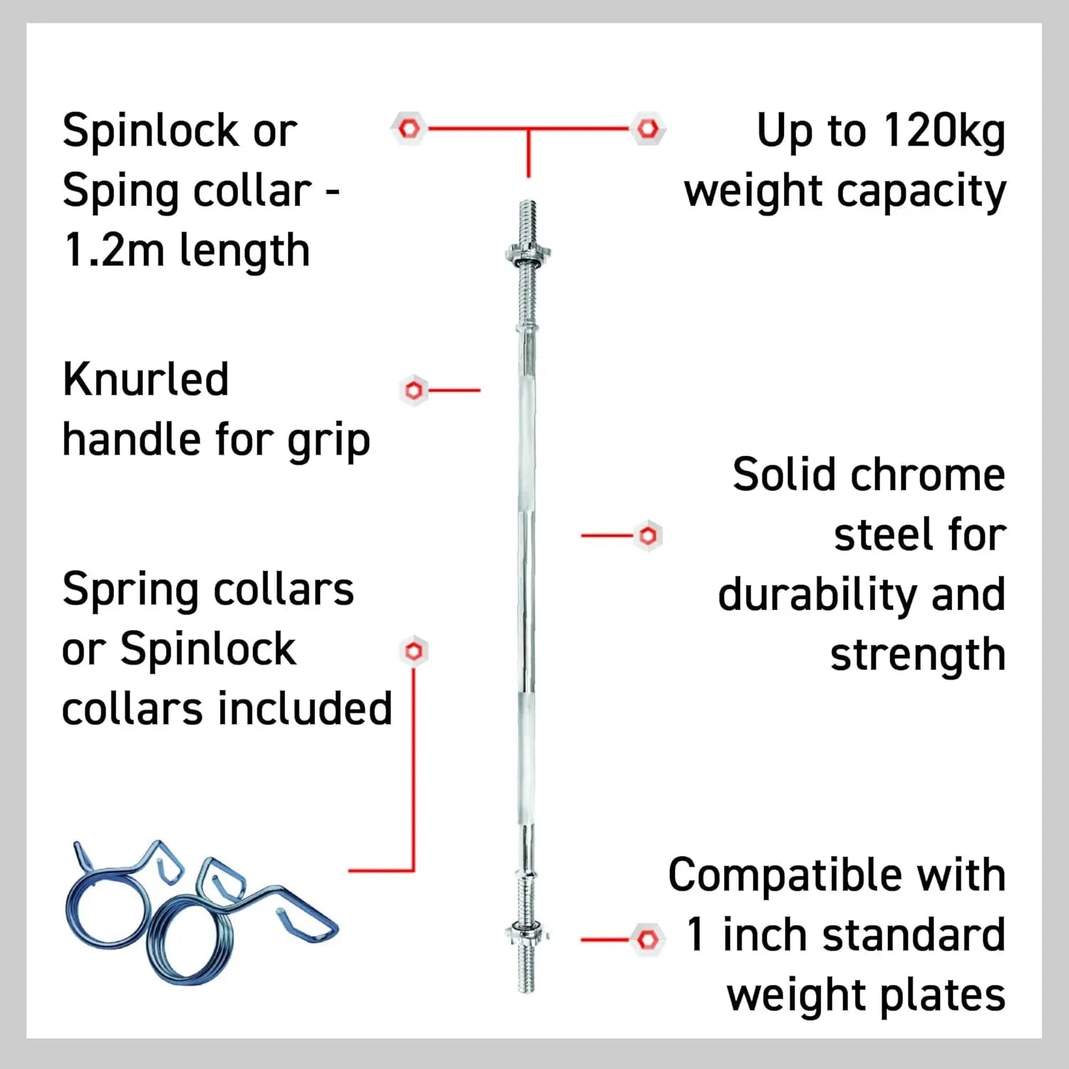 Straight Barbell Bar - 1" Standard 1.2m with Spinlock