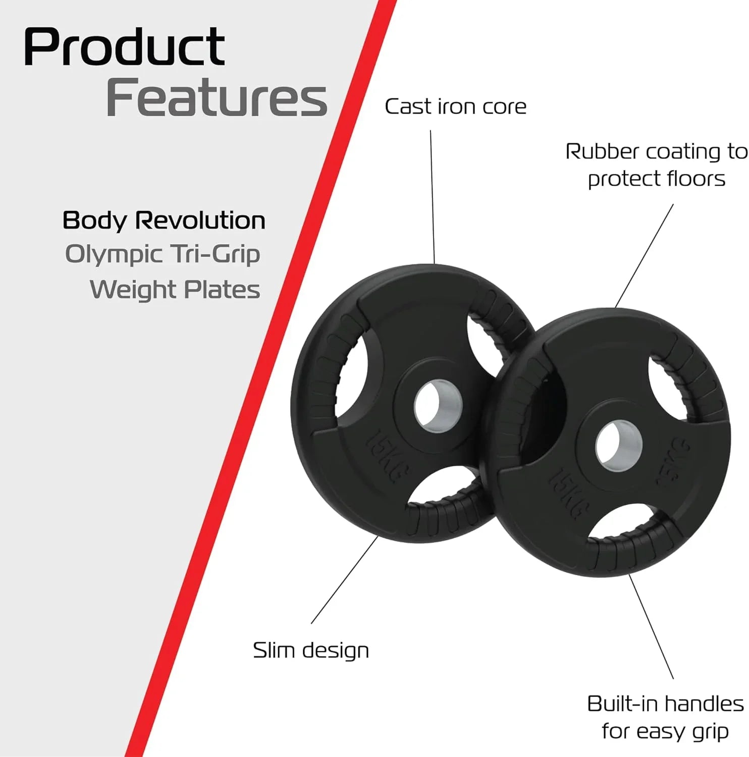 2 x 15kg Olympic Tri-Grip Rubber Weight Black Plates