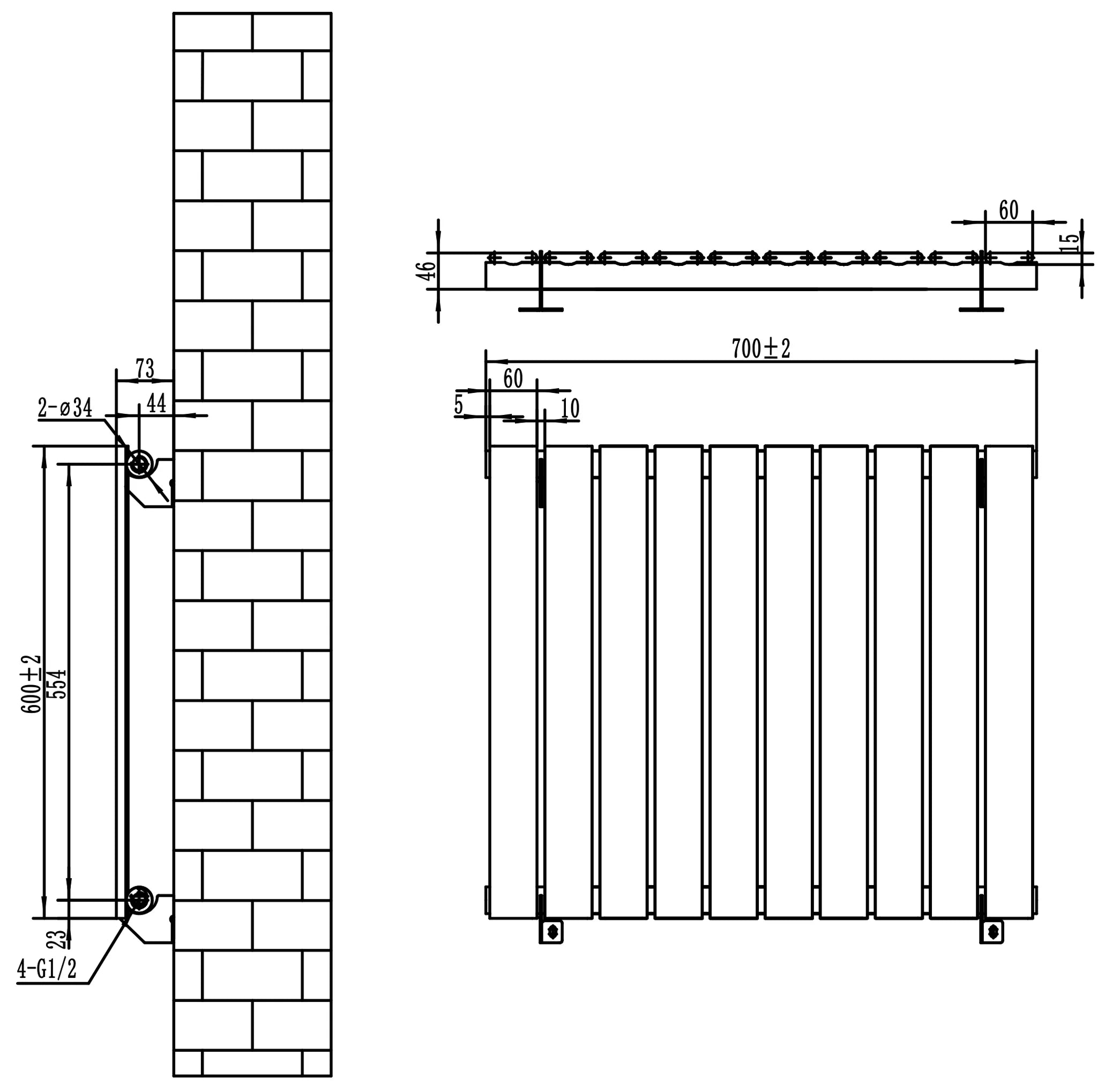 Flat Single Column Radiator - 600 x 700mm - Black