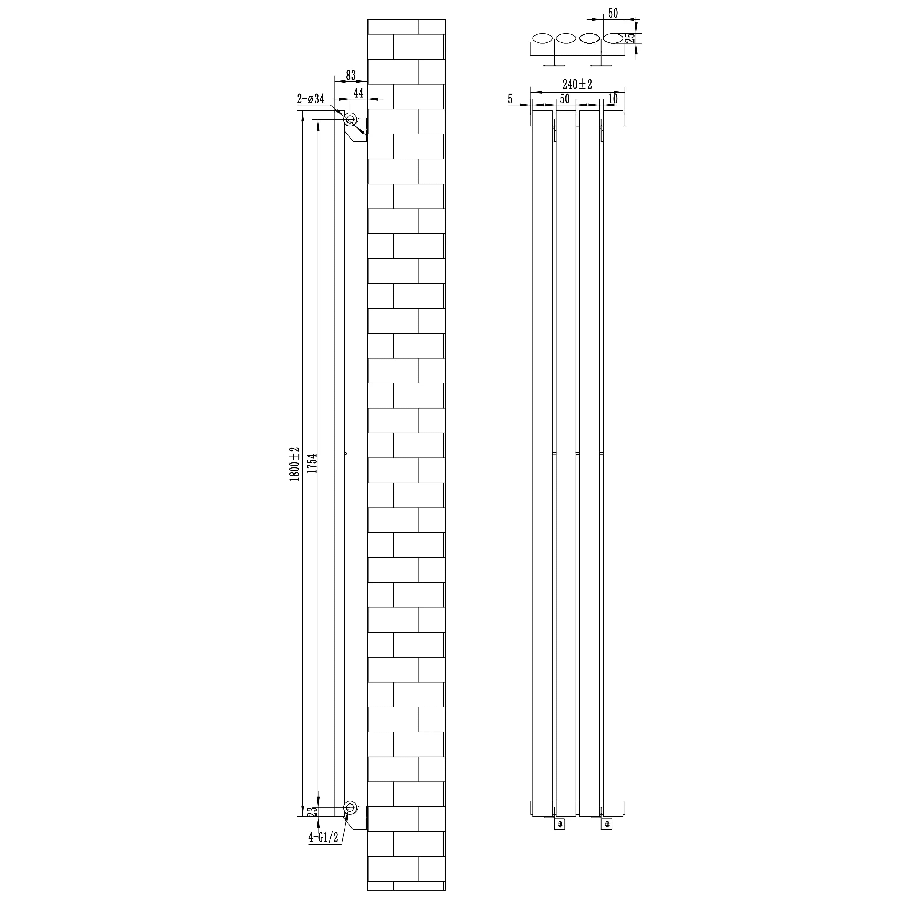 Oval Single Column Radiator - 1800 x 240mm - Black