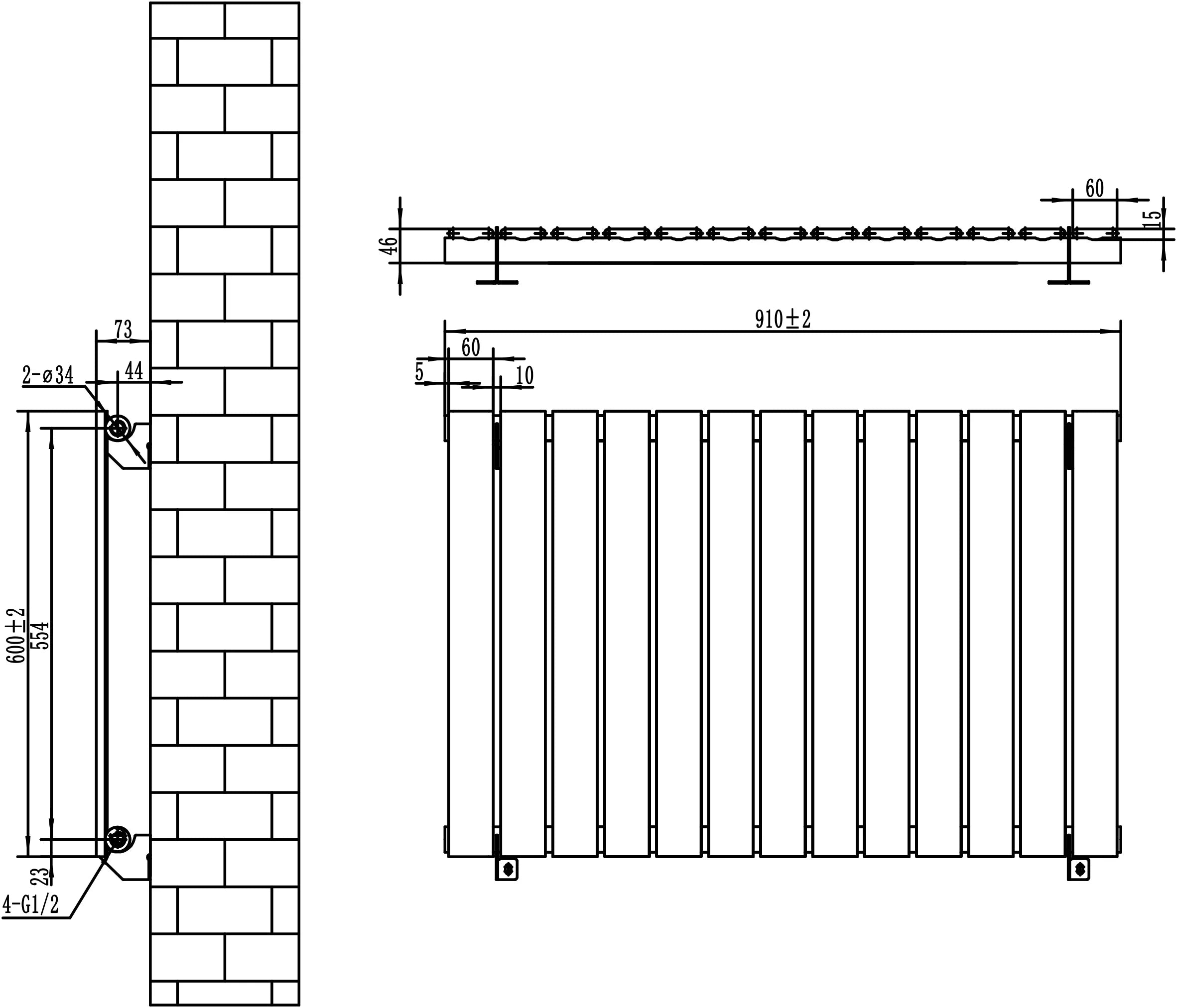 Flat Single Column Radiator - 600 x 910mm - Black
