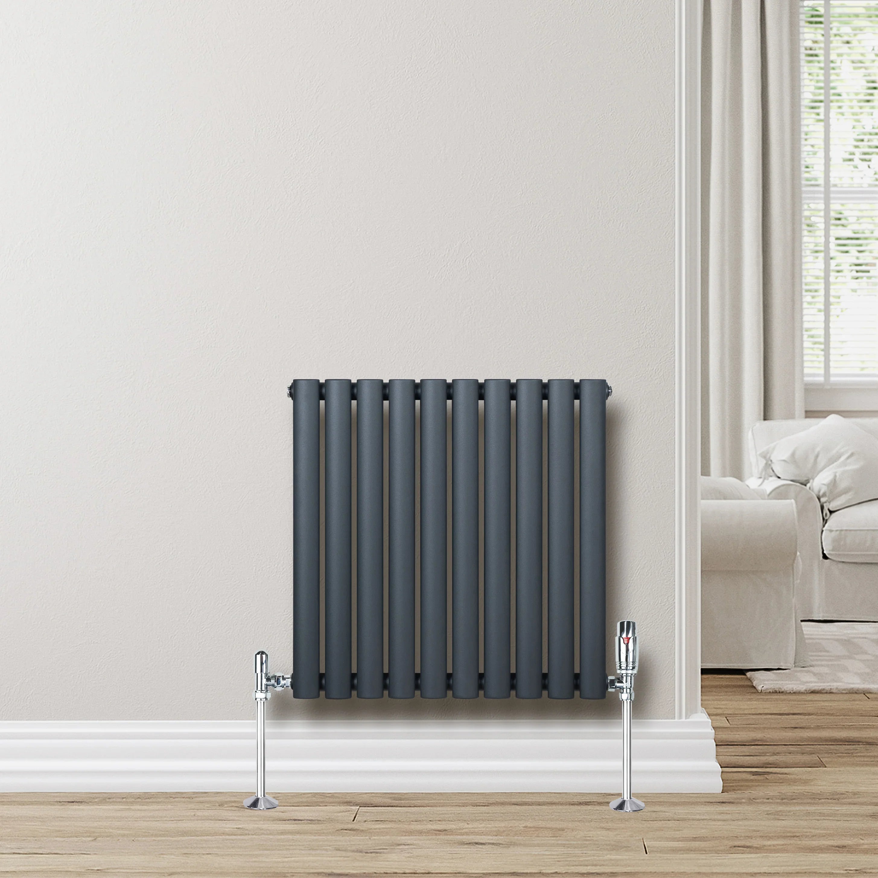 Oval Single Column Radiator - 600 x 600mm - Anthracite Grey