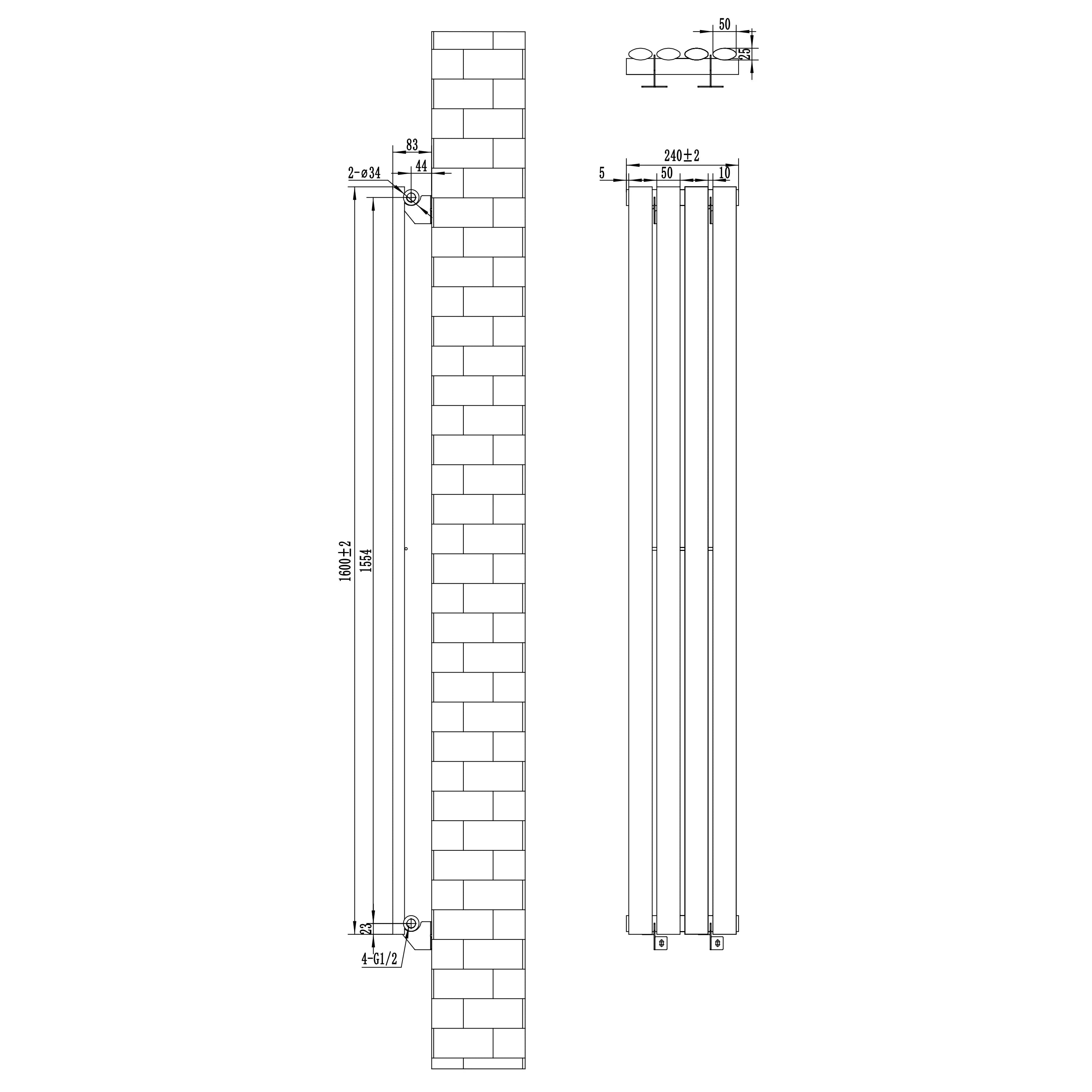Oval Single Column Radiator - 1600 x 240mm - Anthracite Grey