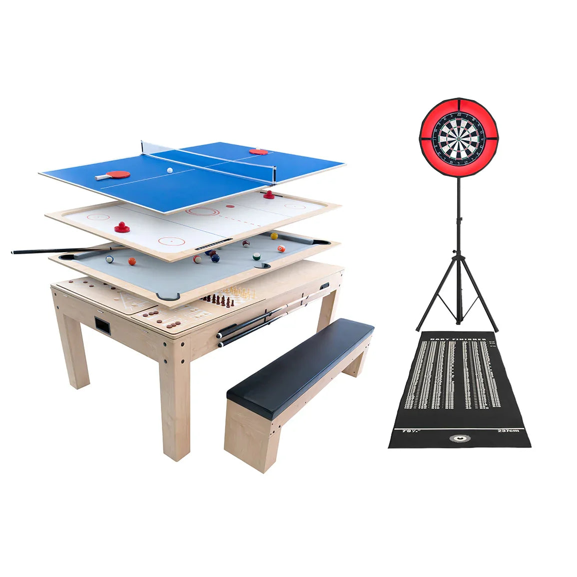 7-In-1 Oak Games Table, Darts Bundle & LED Light