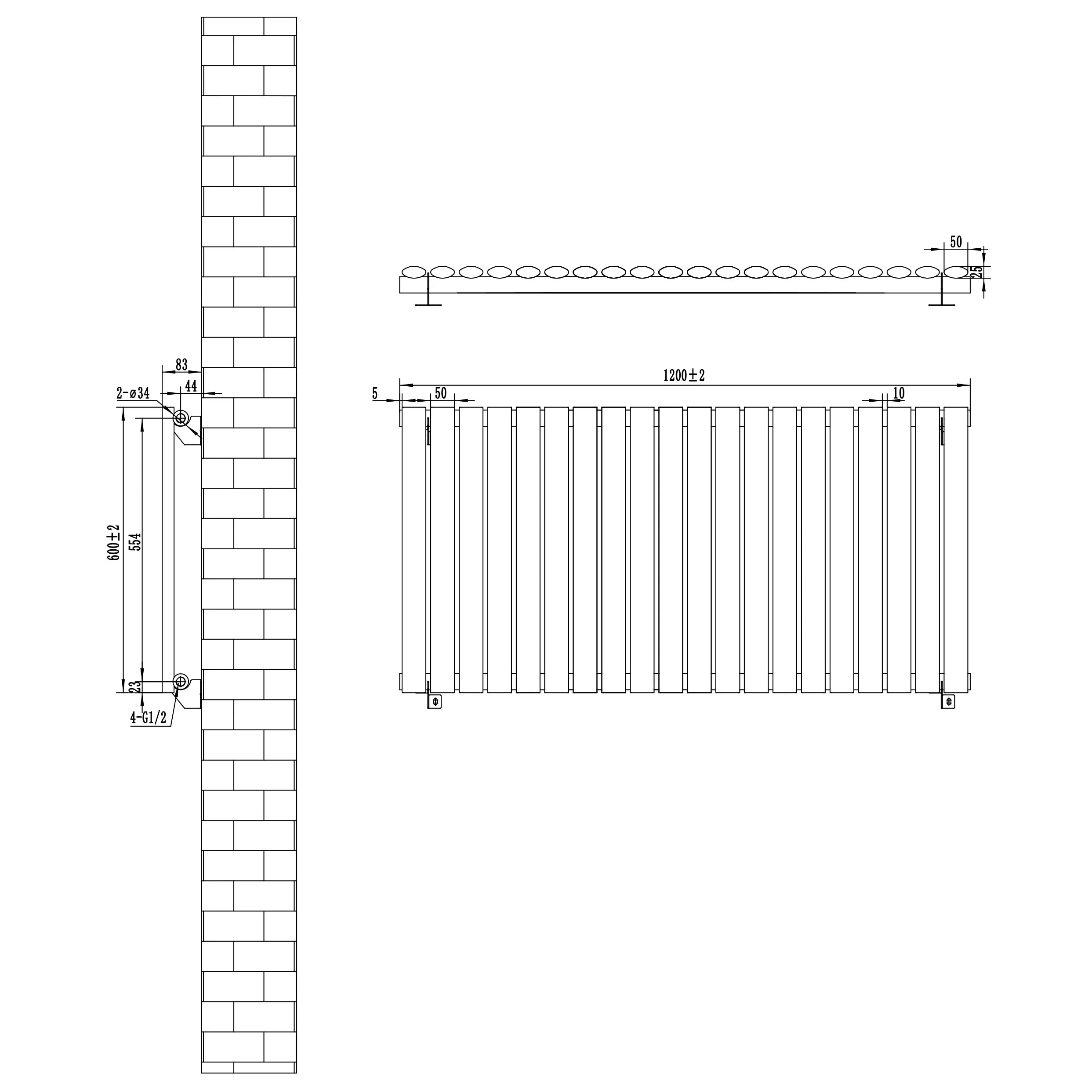 Oval Single Column Radiator - 600 x 1200mm - Black