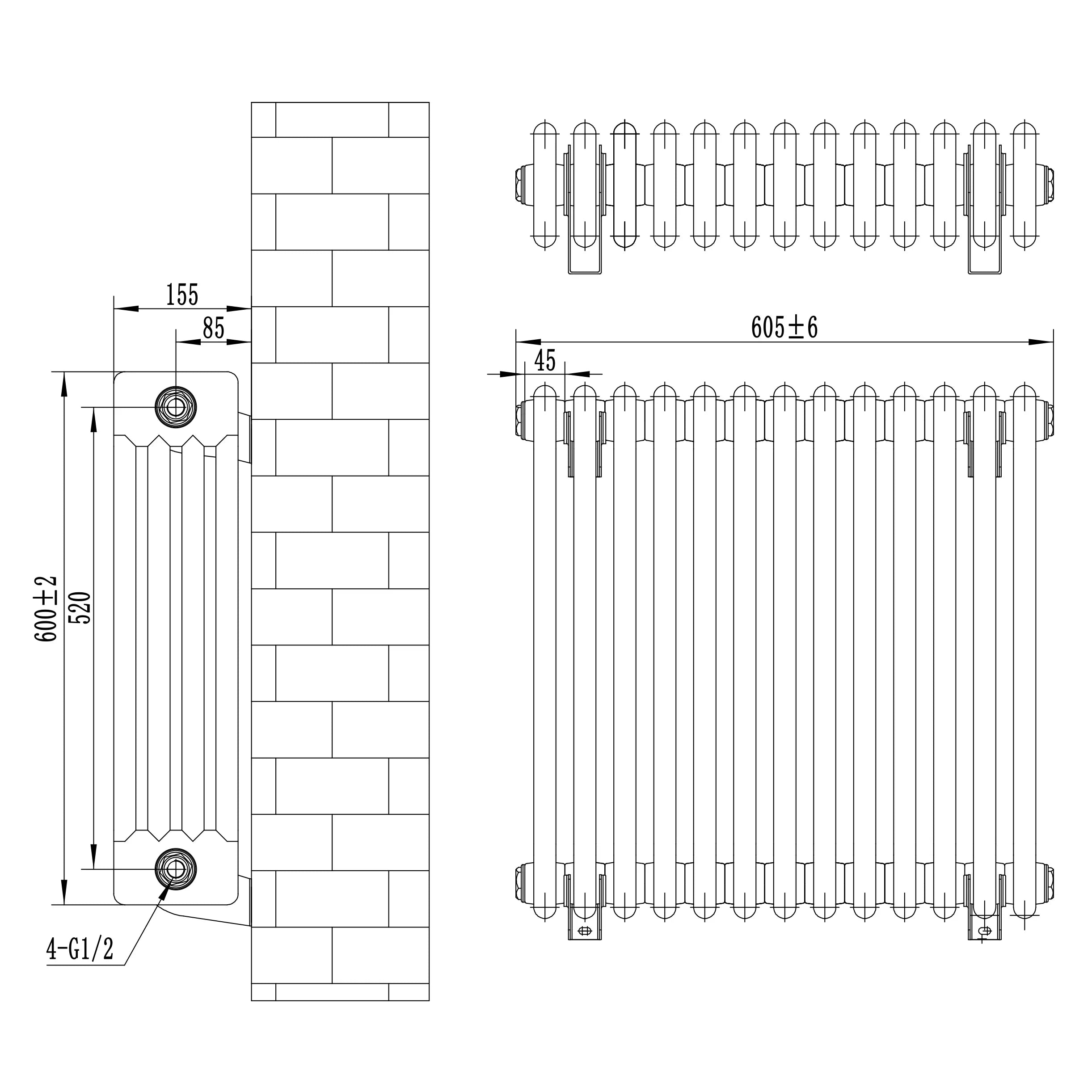 Traditional 4 Column Radiator - 600 x 605mm - Anthracite Grey