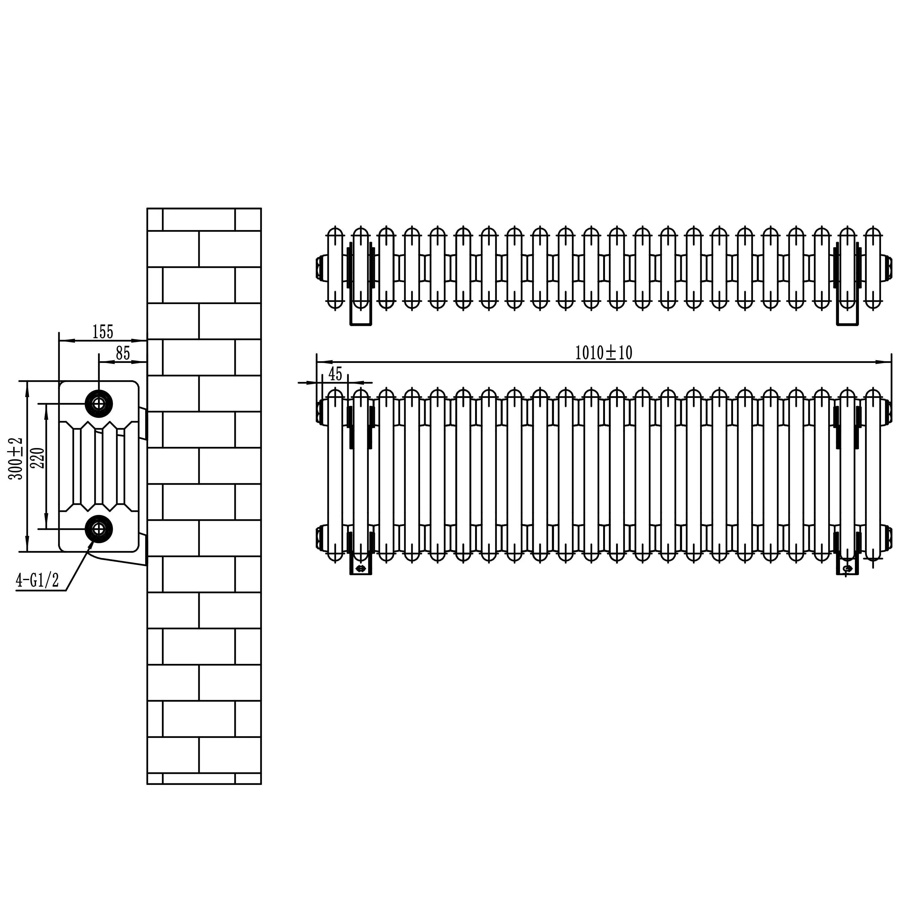 Traditional 4 Column Radiator - 300 x 1010mm – Black