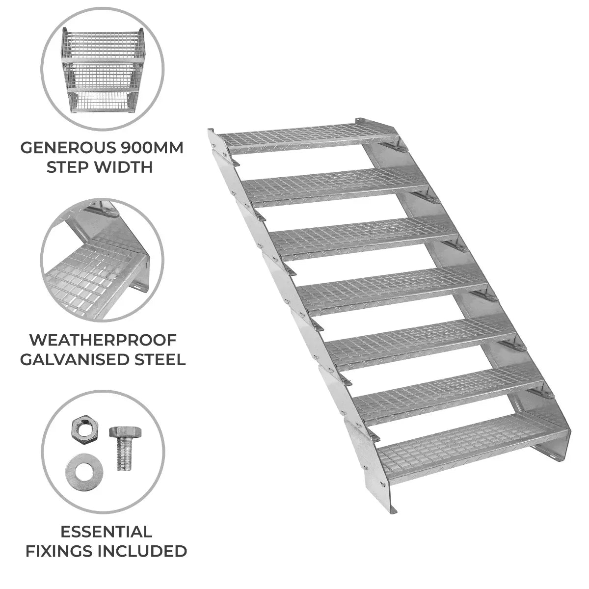 Adjustable 7 Section Galvanised Staircase - 900mm Wide