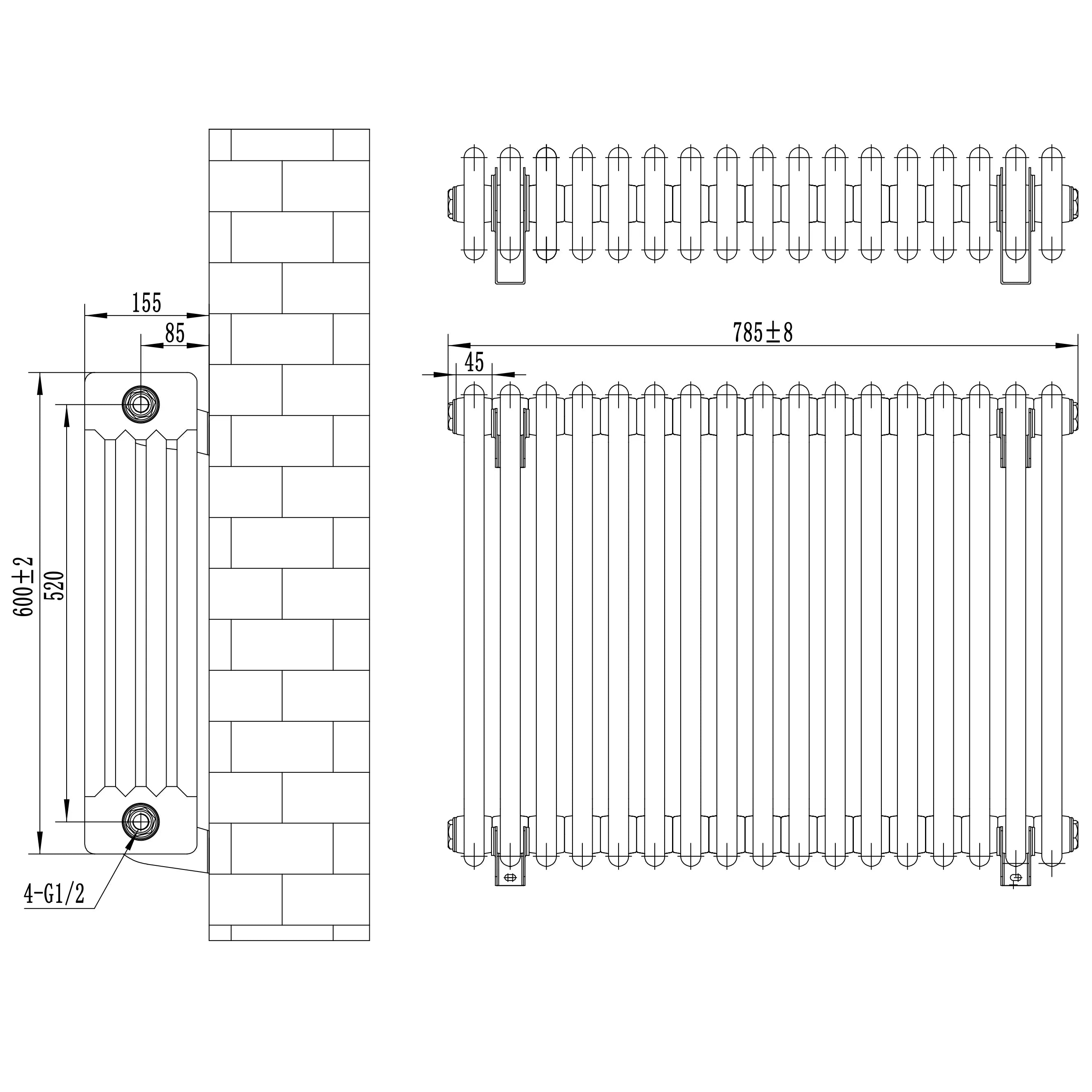 Traditional 4 Column Radiator - 600 x 785mm - Anthracite Grey