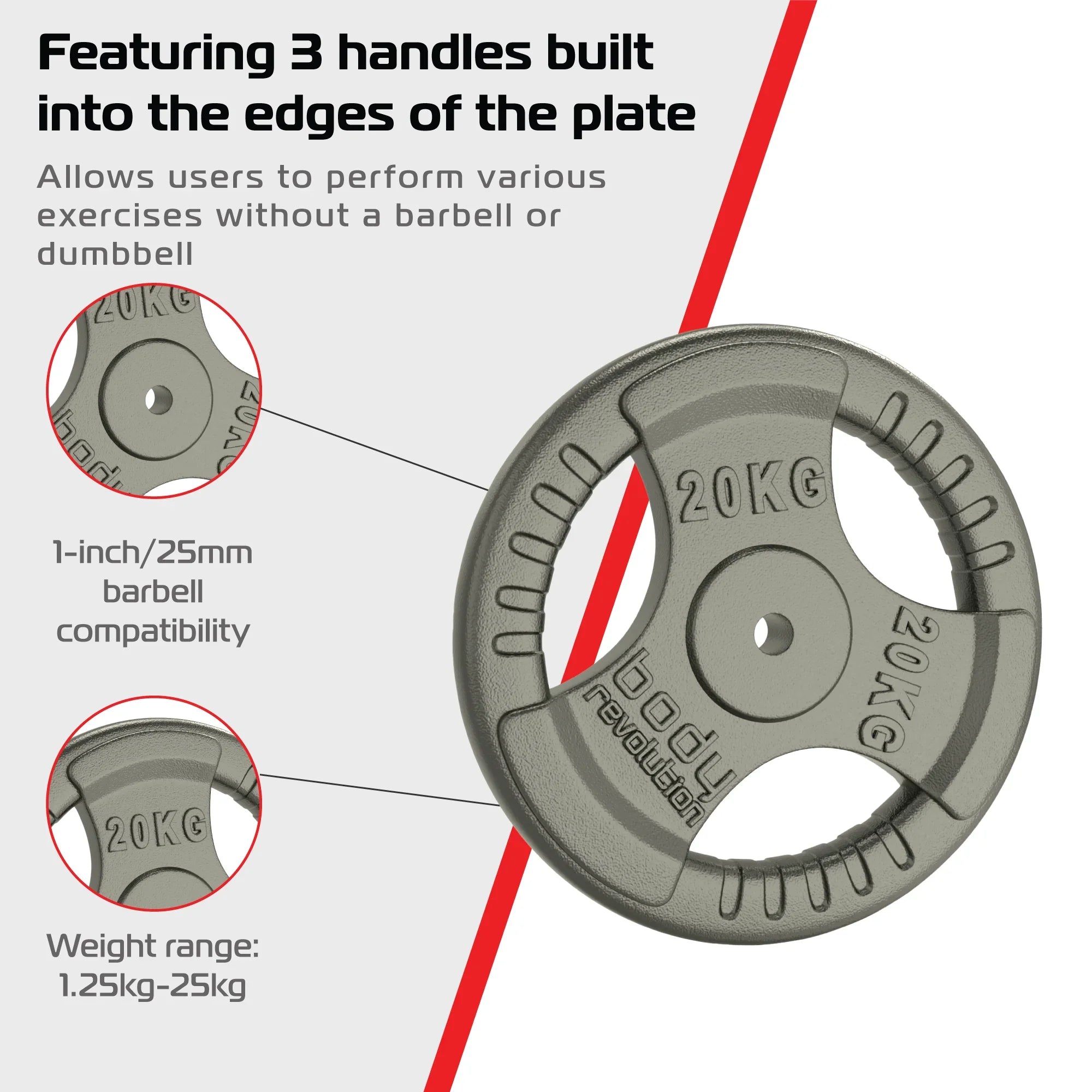 2x 20kg Cast Iron Weight Plates - 1" Standard Tri Grip