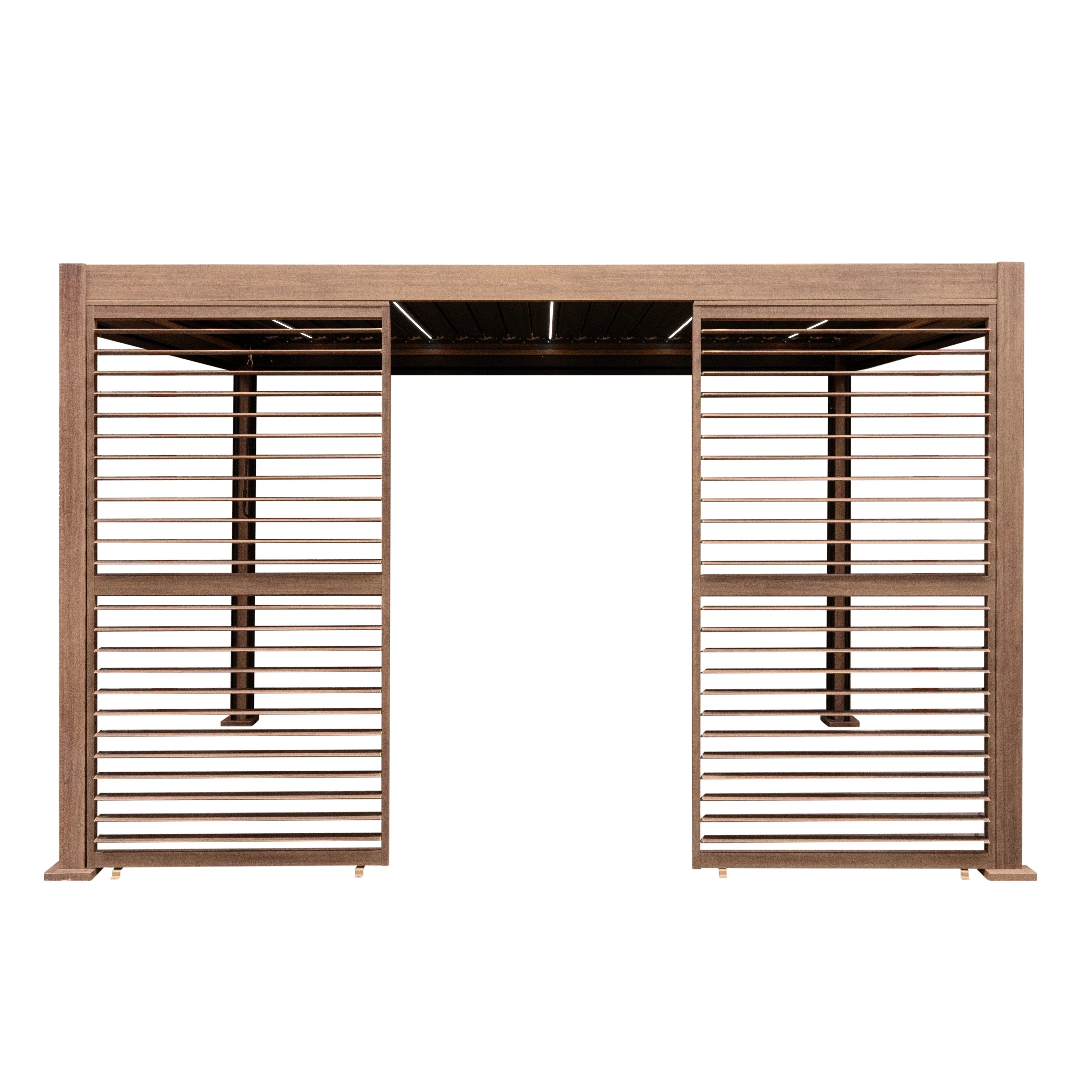 Wood Effect Aluminium Pergola With Blinds, 2 x Side Panels & LED Lights - 4m x 3m