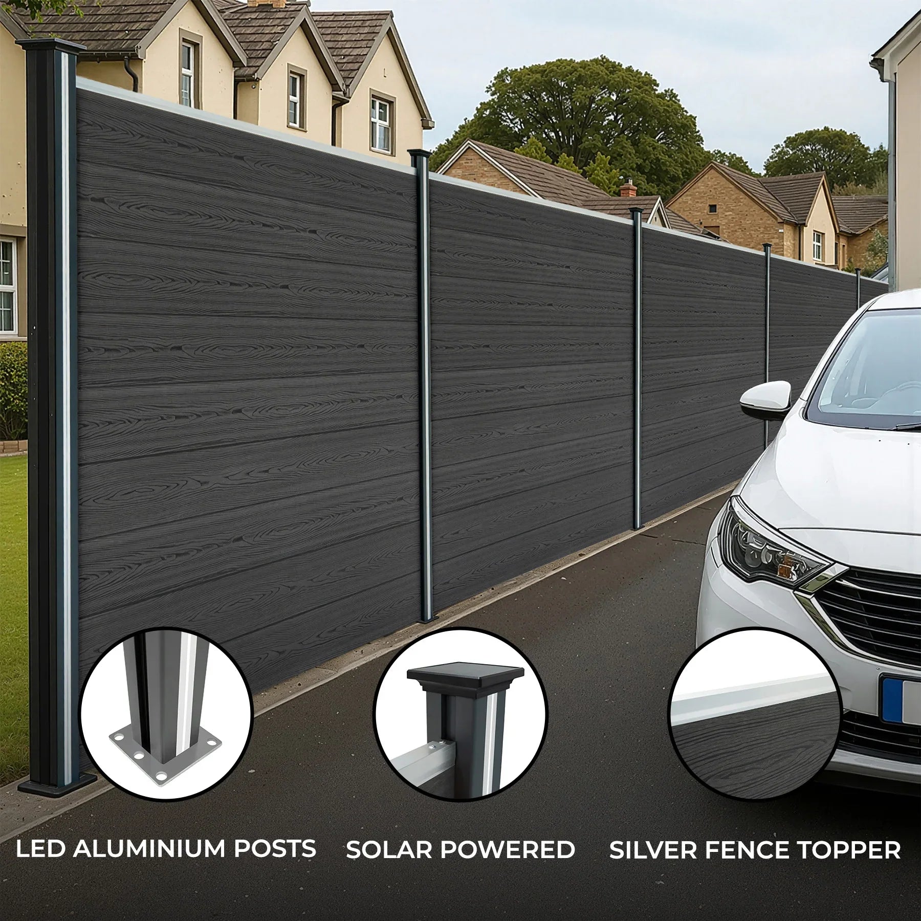 Composite Fence Panel, Angled Piece & LED Posts 6ft x 9ft - Grey