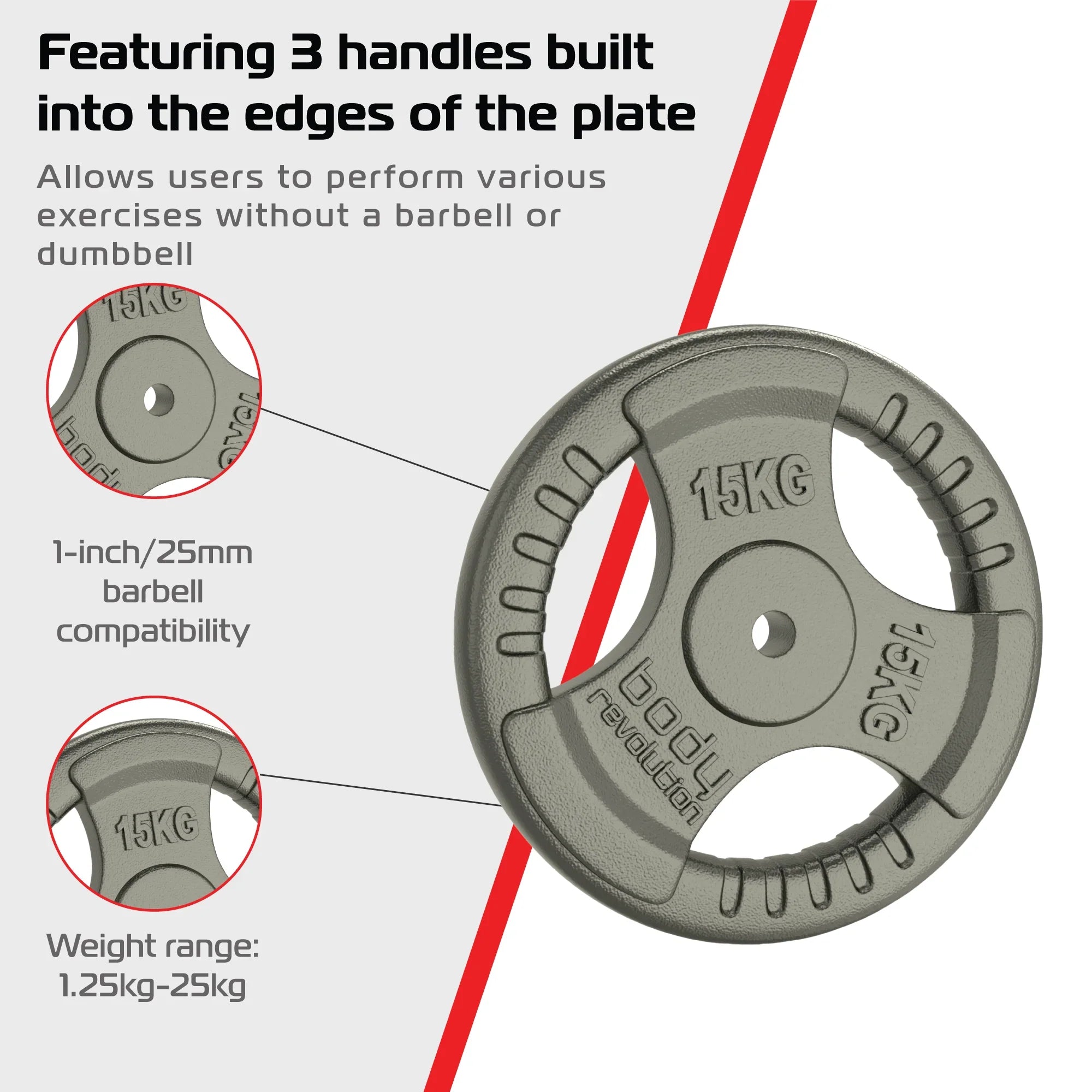 2x 15kg Cast Iron Weight Plates - 1" Standard Tri Grip