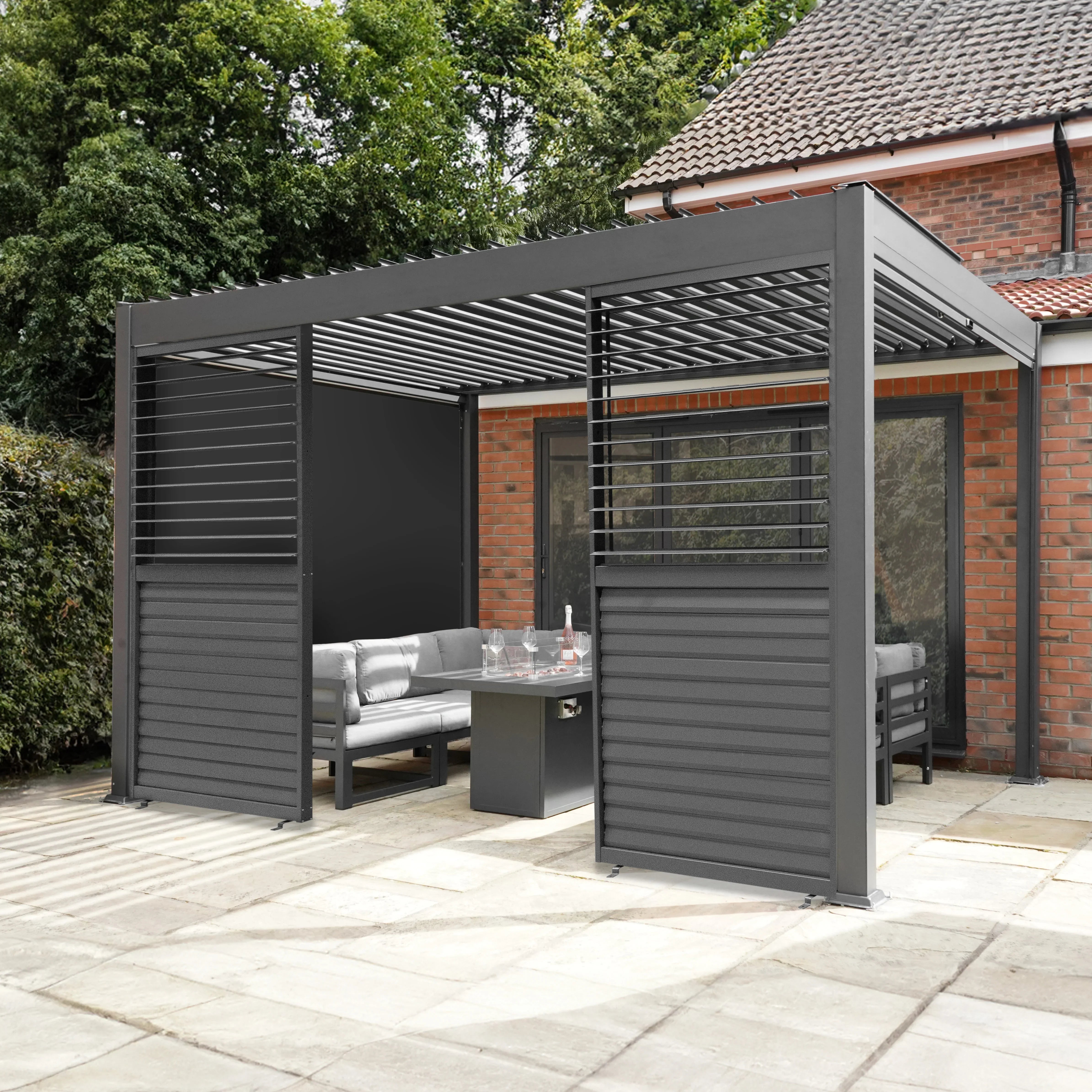 Aluminium Pergola With Anthracite Blinds & 2 Shutter Panels - 3m x 3m