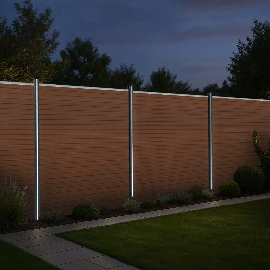 Composite Fence Panels, Angled Piece & LED Posts 6ft x 20ft - Brown