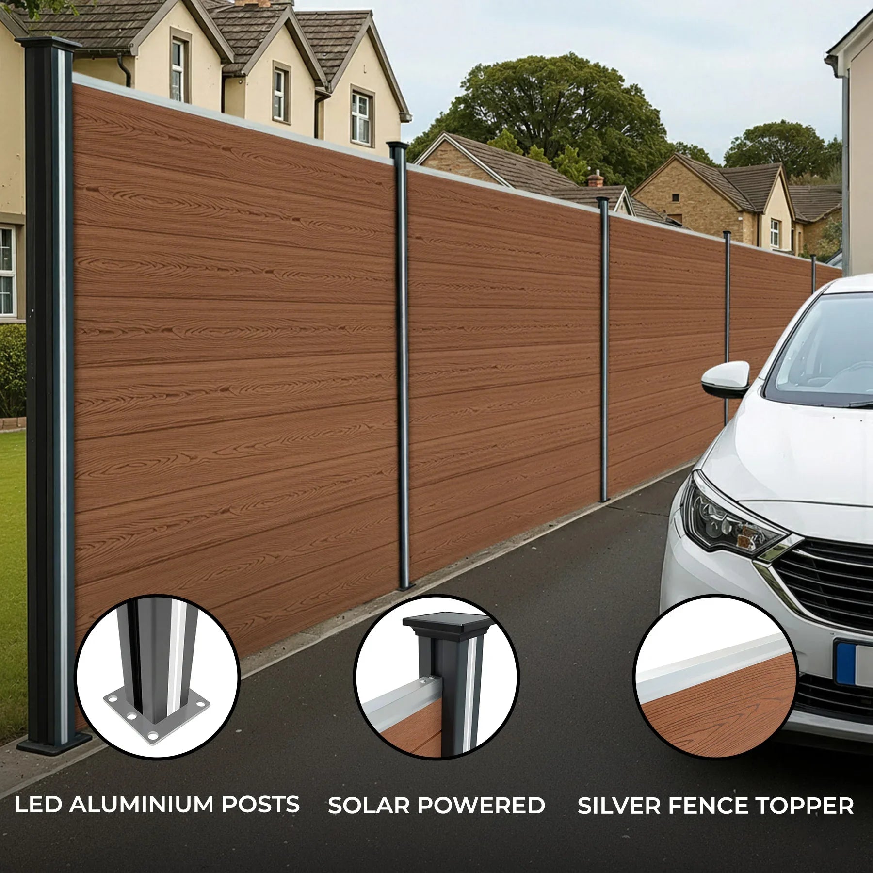 Composite Fence Panels, Angled Piece & LED Posts 6ft x 25ft - Brown