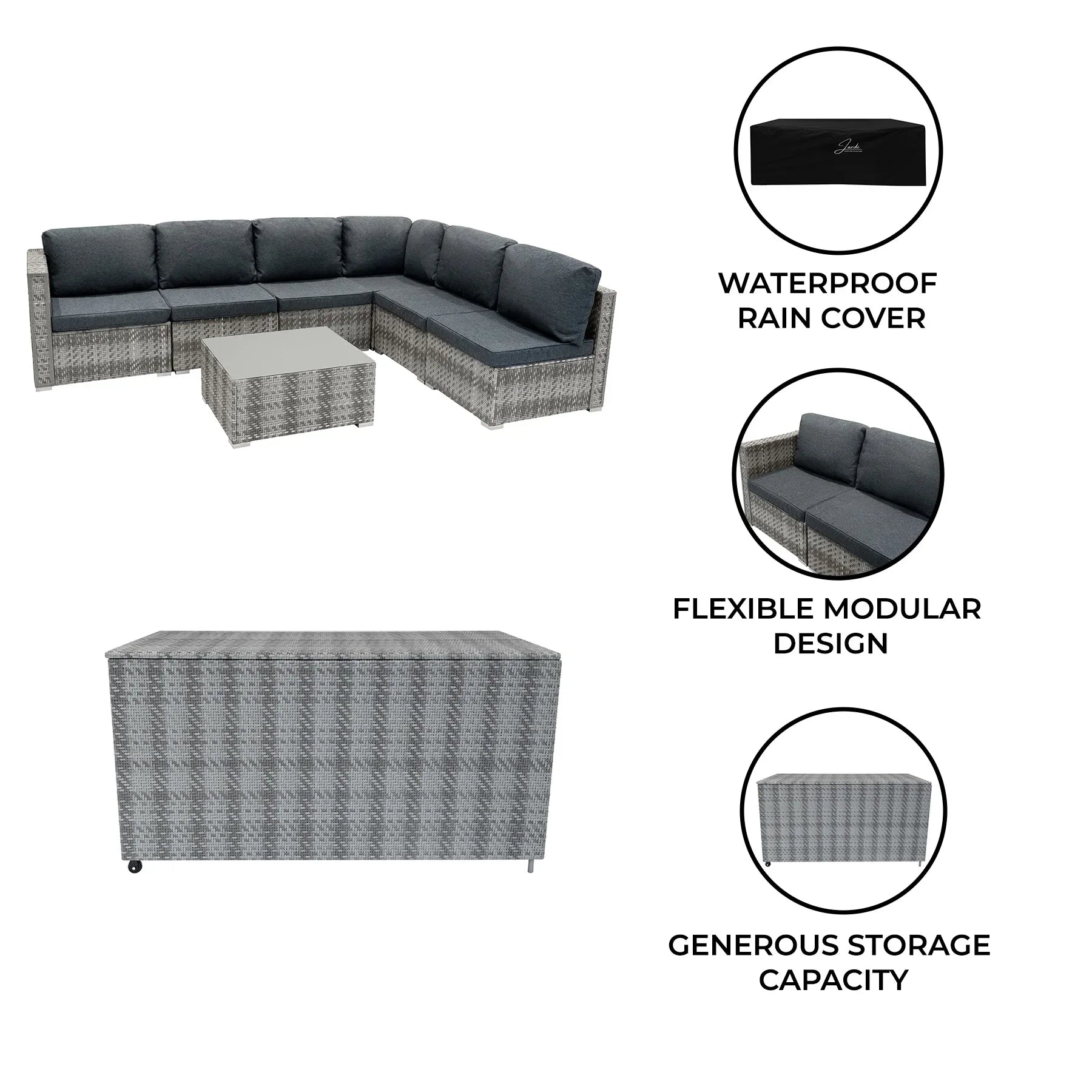 Rattan Modular 7 Piece Furniture Set & 700L Storage Box - Grey