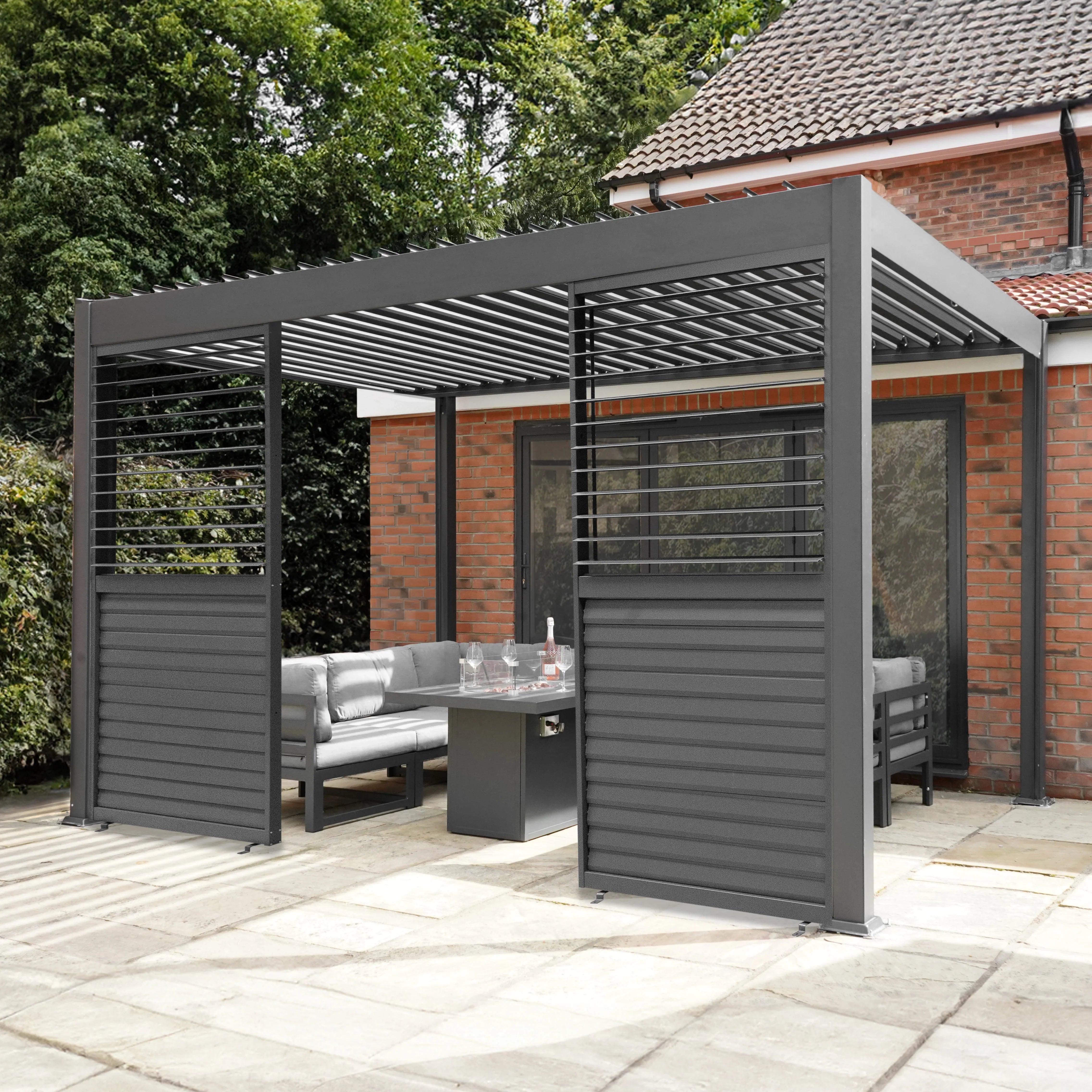 Anthracite Aluminium Pergola With LED Lights & 2 x Shutter Panels - 3m x 4m