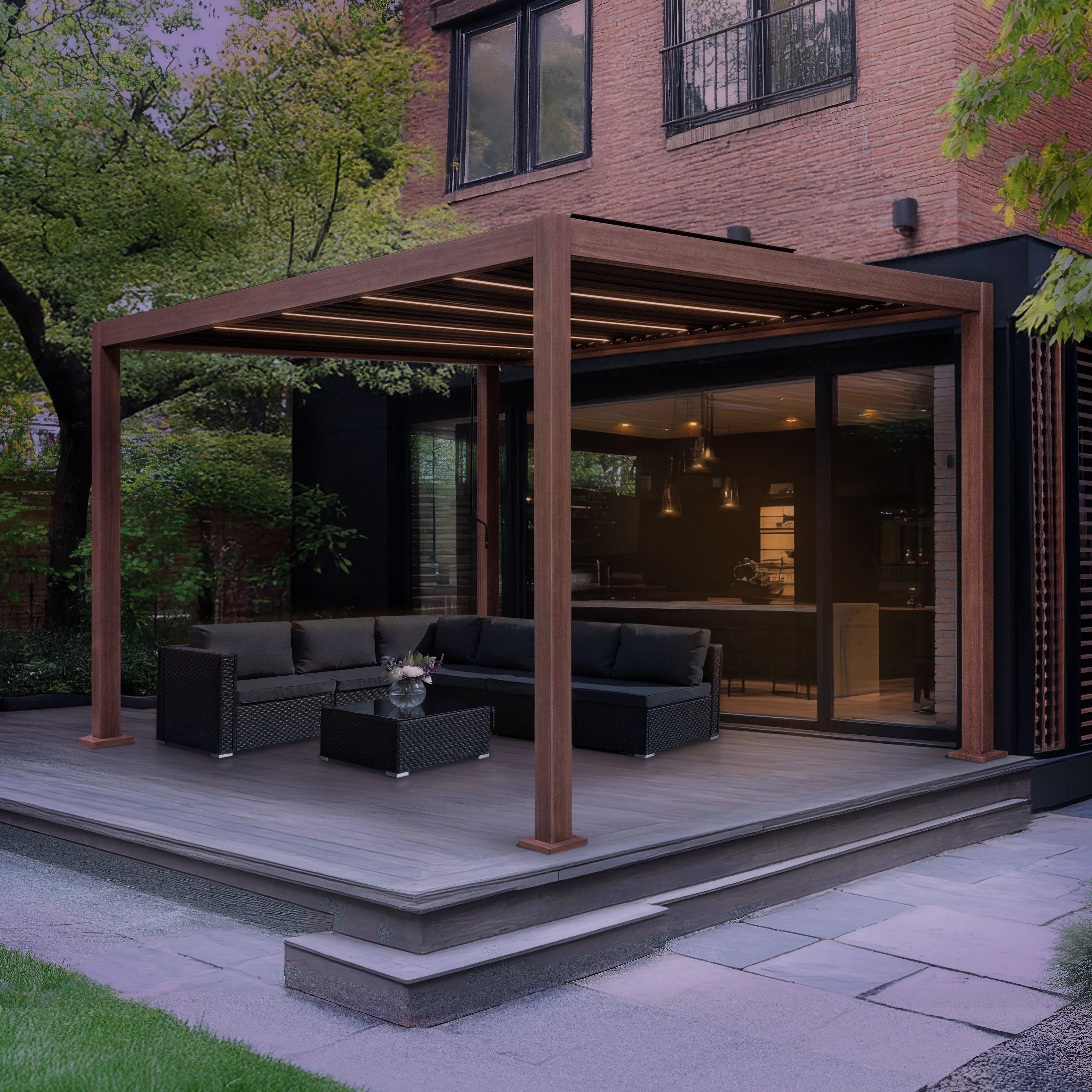 Wood Effect Aluminium Pergola With LED Lights - 4m x 3m