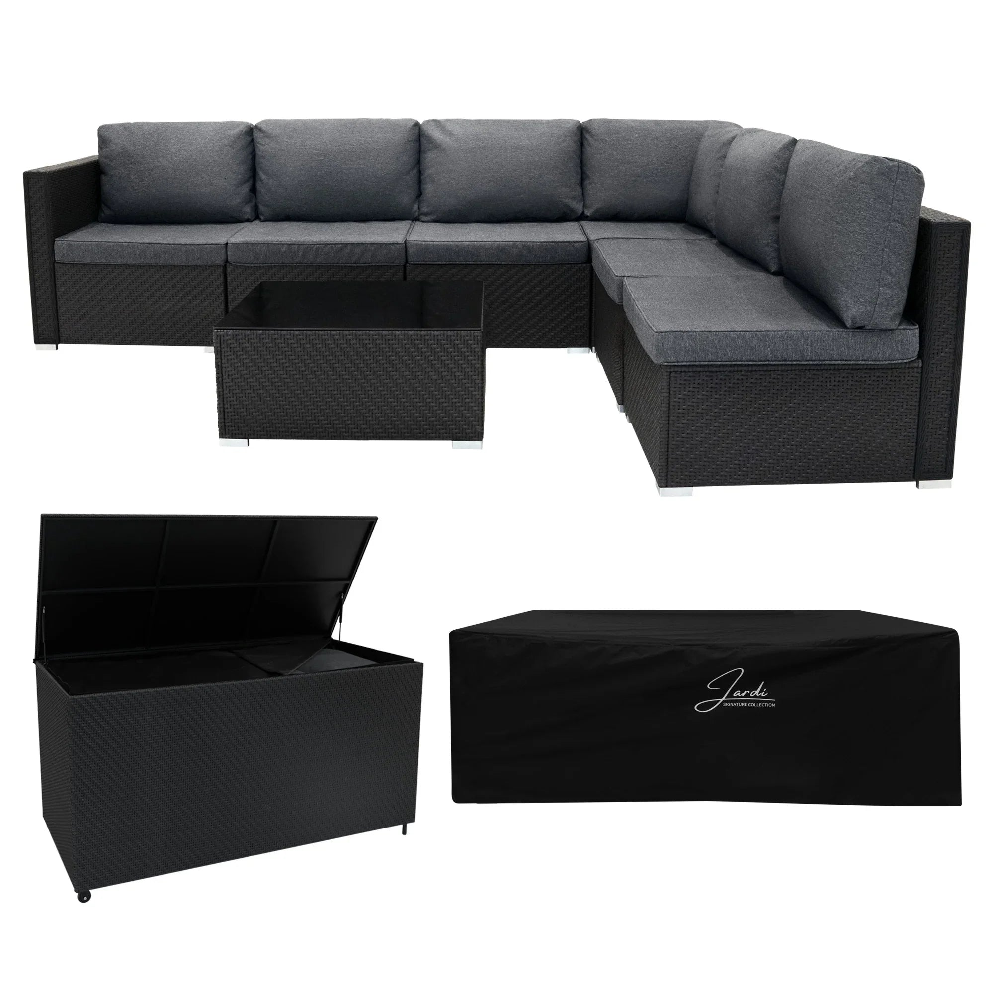 Rattan Modular 7 Piece Furniture Set & 996L Storage Box - Black