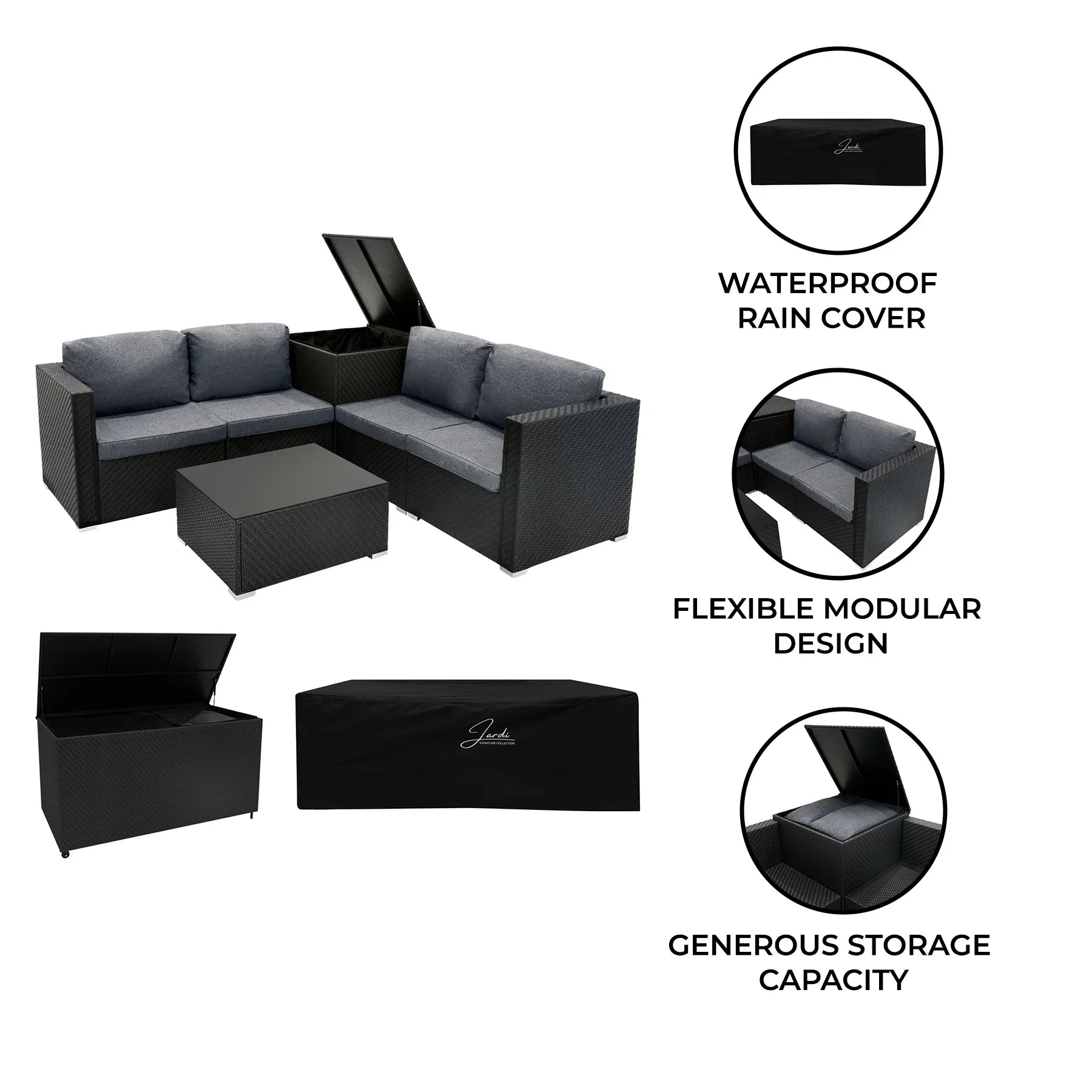 Rattan Modular 6 Piece Furniture Set & 996L Storage Box – Black