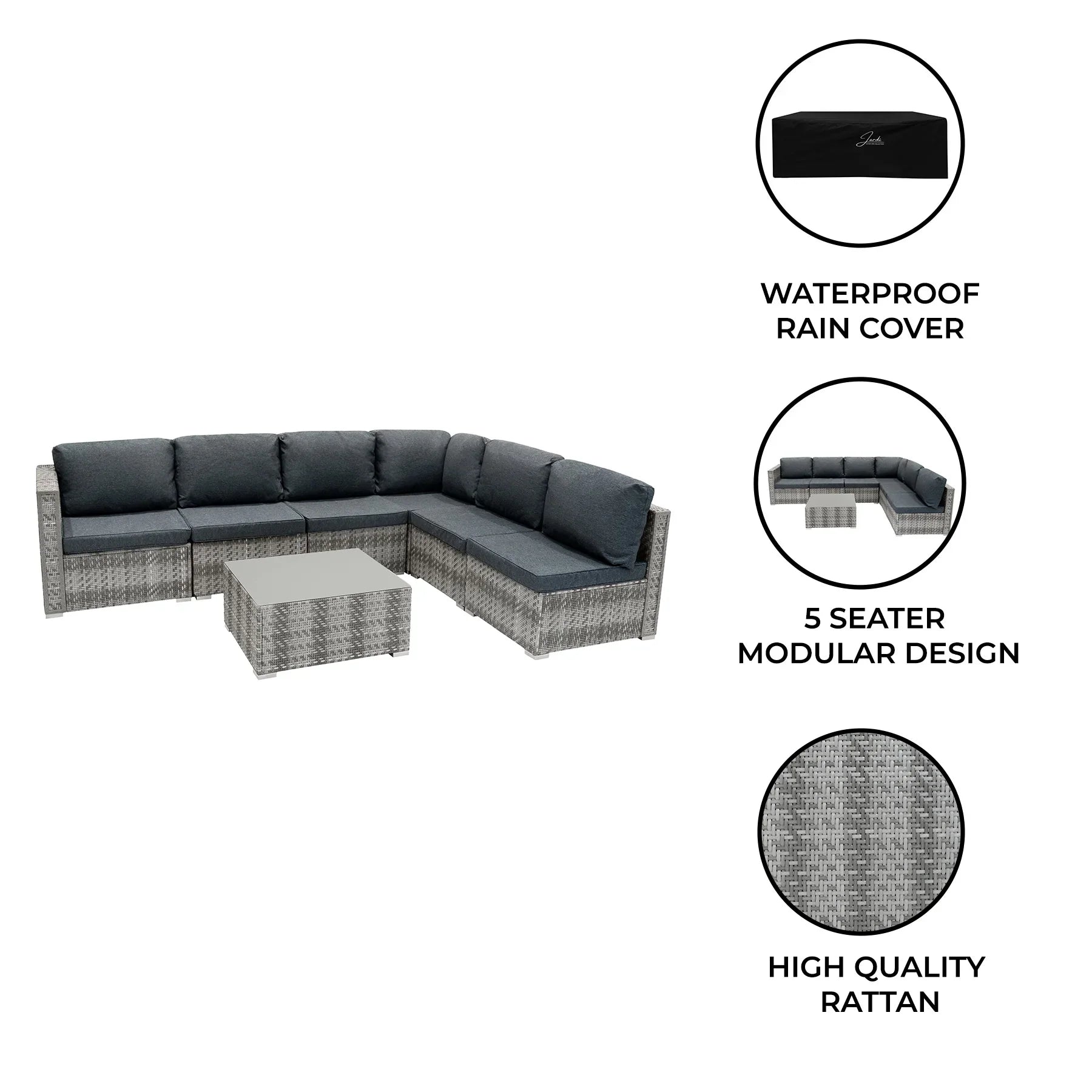 Rattan Modular 7 Piece Furniture Set - Grey
