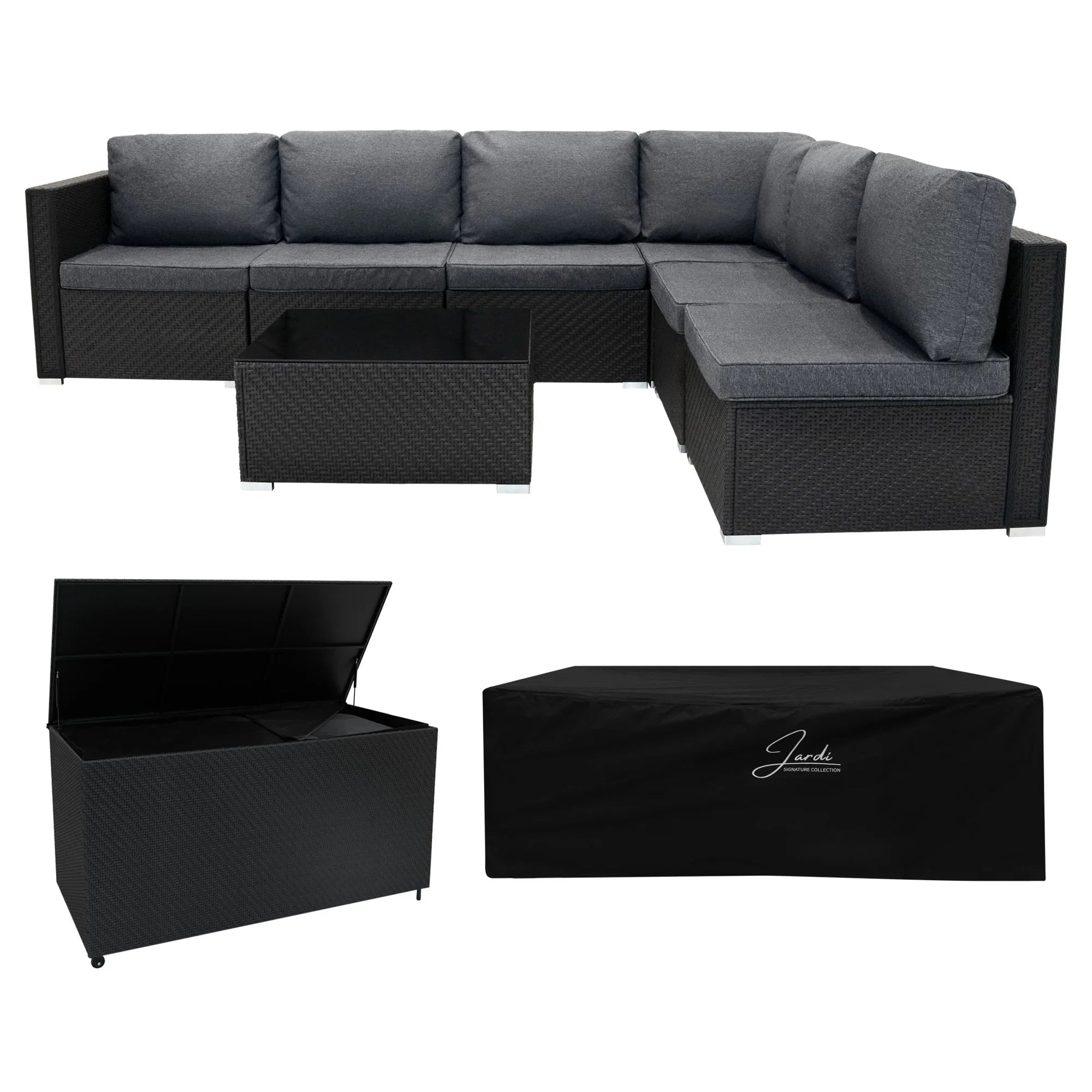 Rattan Modular 7 Piece Furniture Set & 700L Storage Box - Black