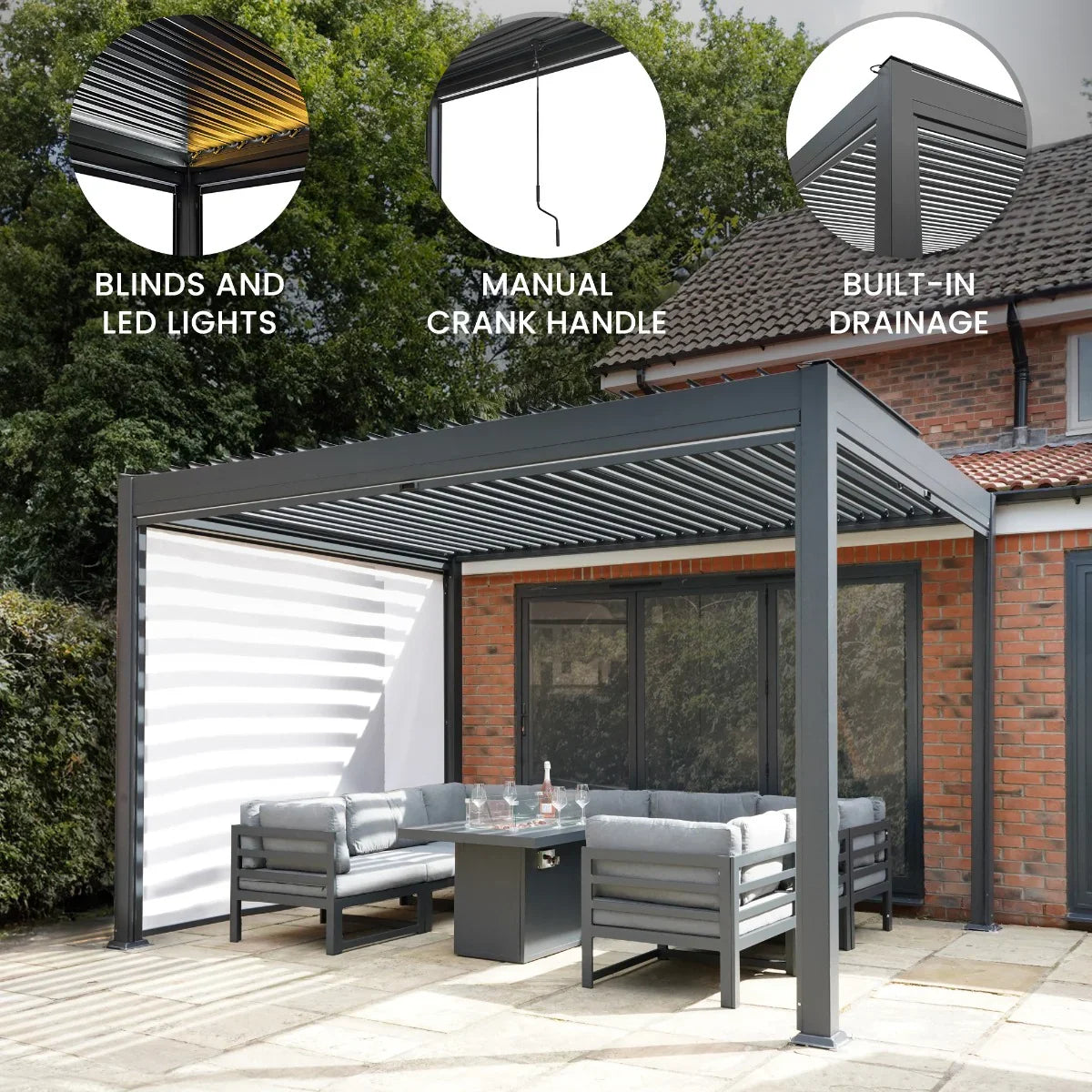 Anthracite Aluminium Pergola With White Blinds & LED Lights - 3m x 4m