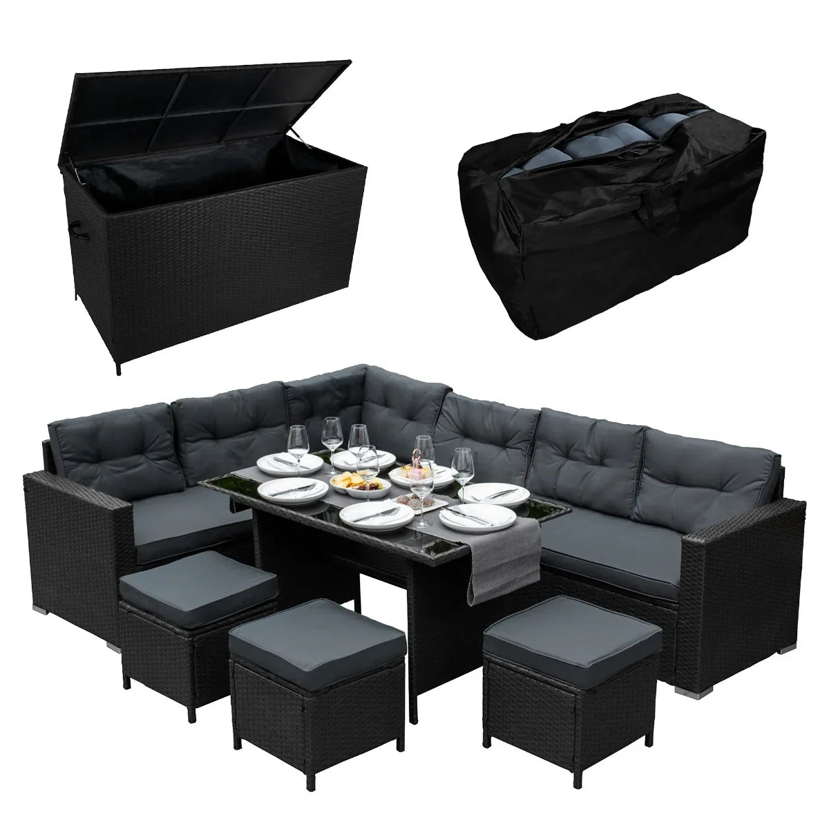 Rattan Corner Set & Storage Box - Black