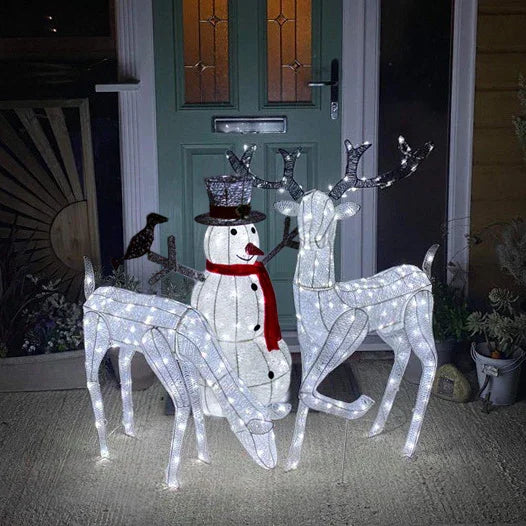 Light Up Reindeer Stag, Doe & Snowman Set