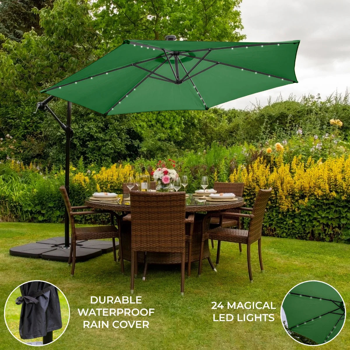 Green 3m LED Cantilever Parasol & Plain Base