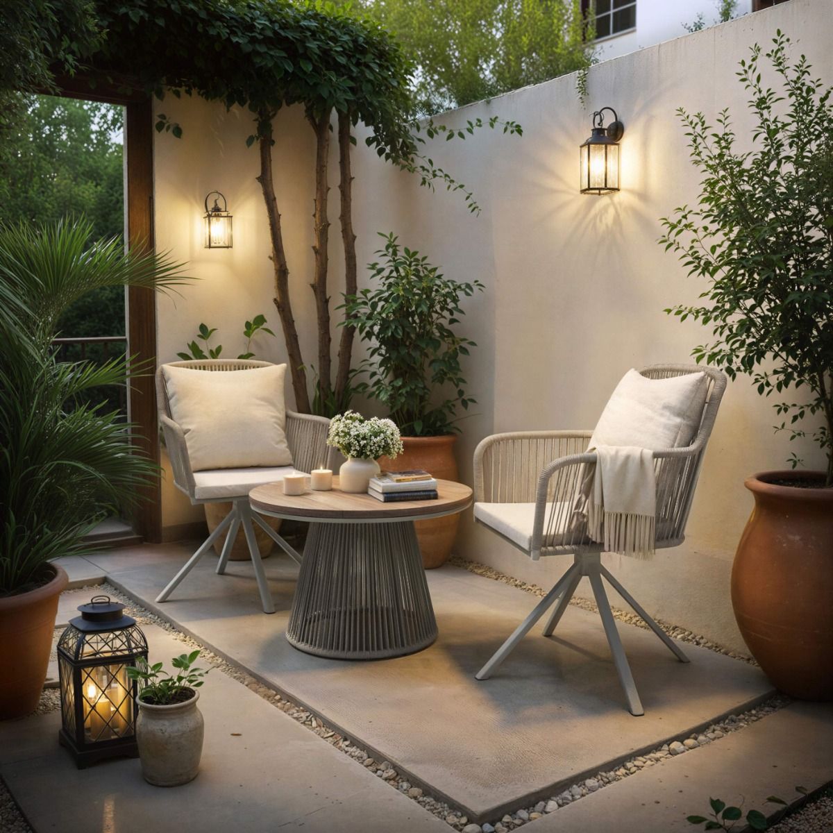 SOLACE+CO Hana Table & Juno Swivel Chairs Garden Bistro Set Beige Rattan