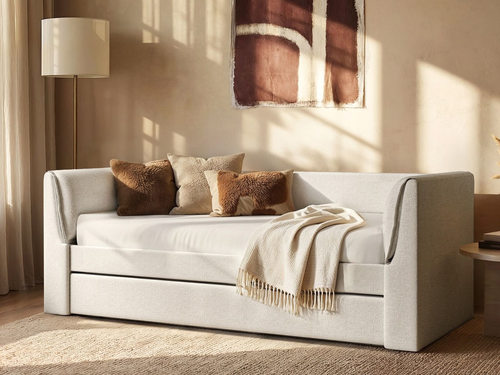 Flair Max Day Bed with Trundle Cream Chenille
