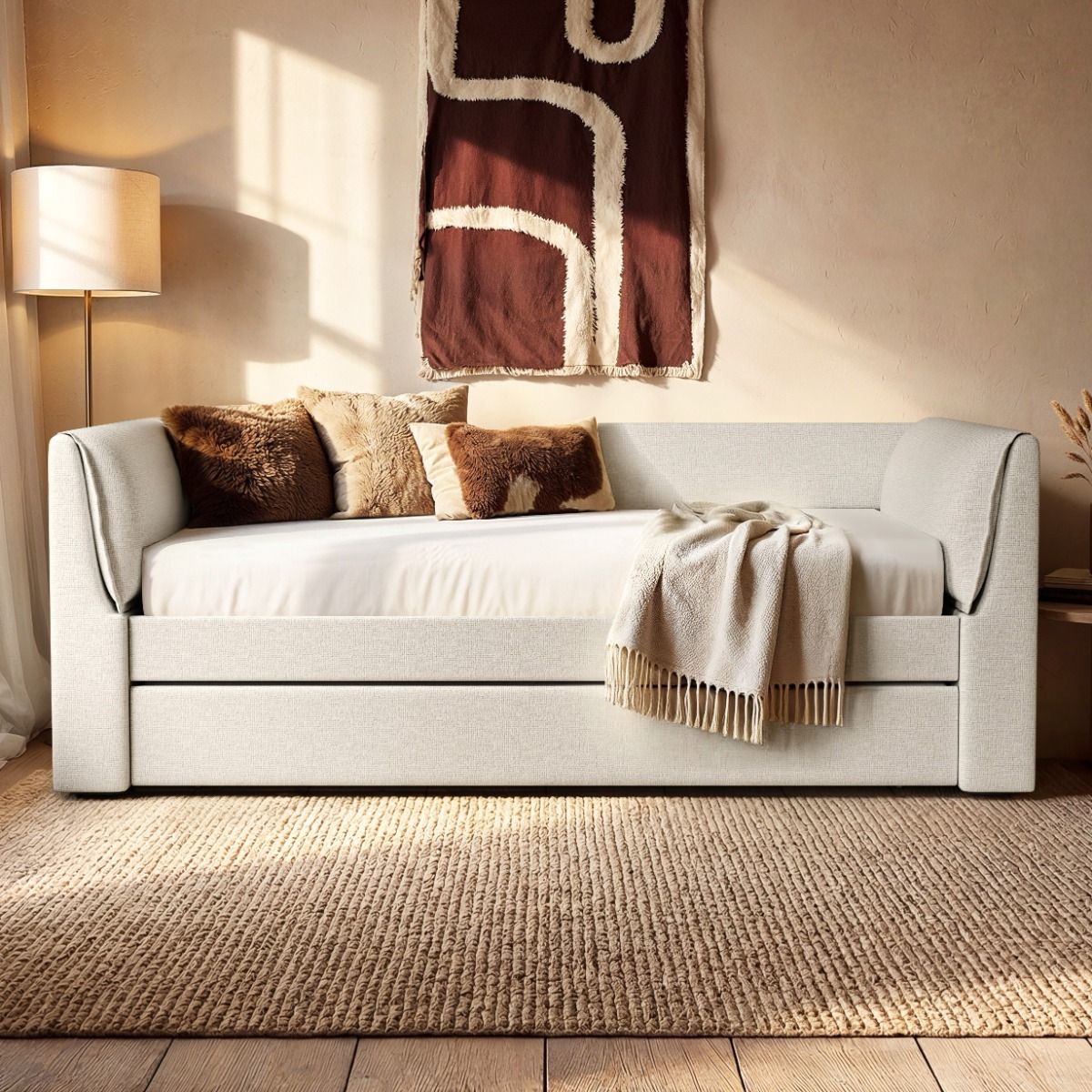Flair Max Day Bed with Trundle Cream Chenille
