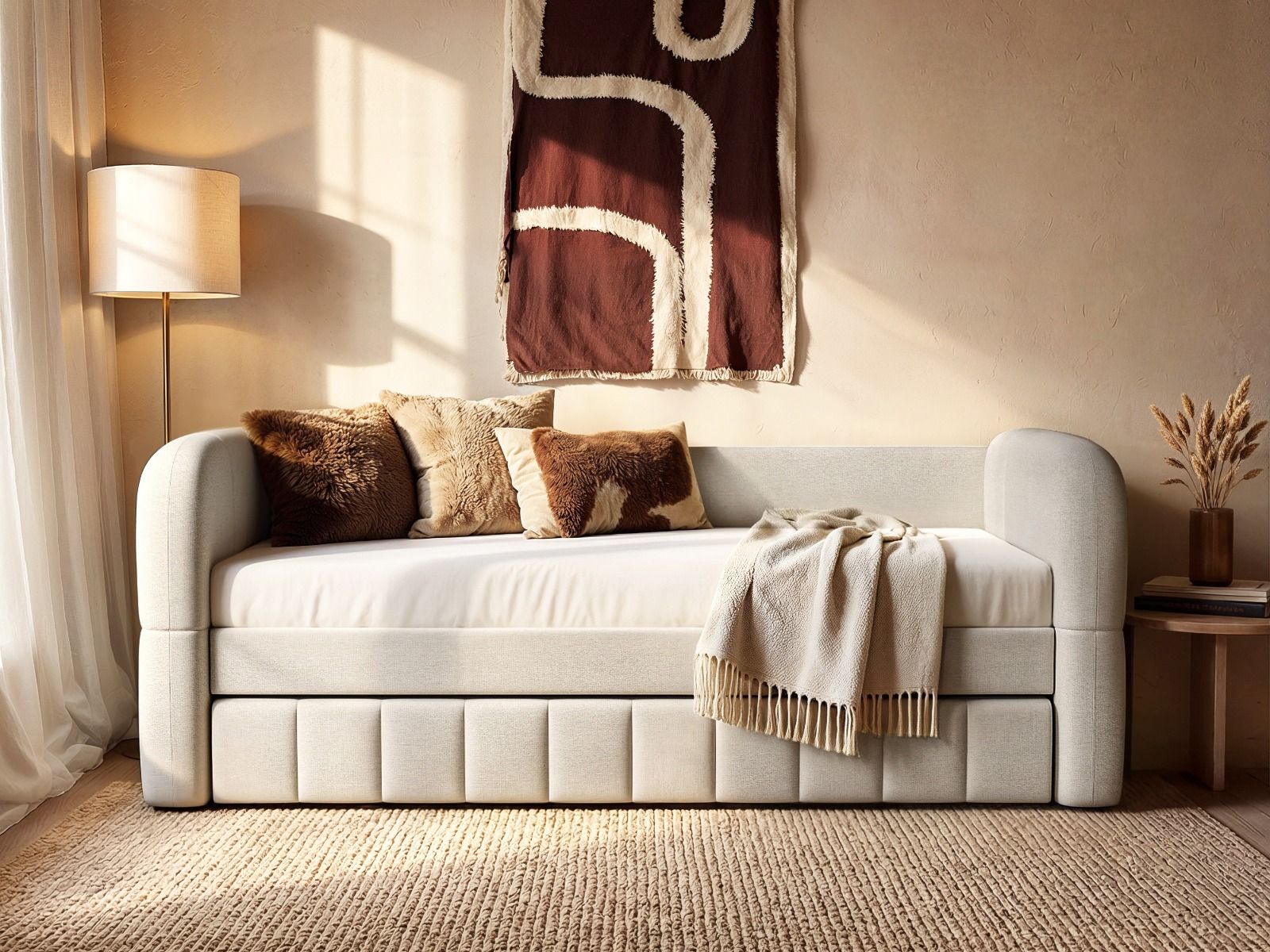Flair Livia Day Bed with Trundle Cream Chenille