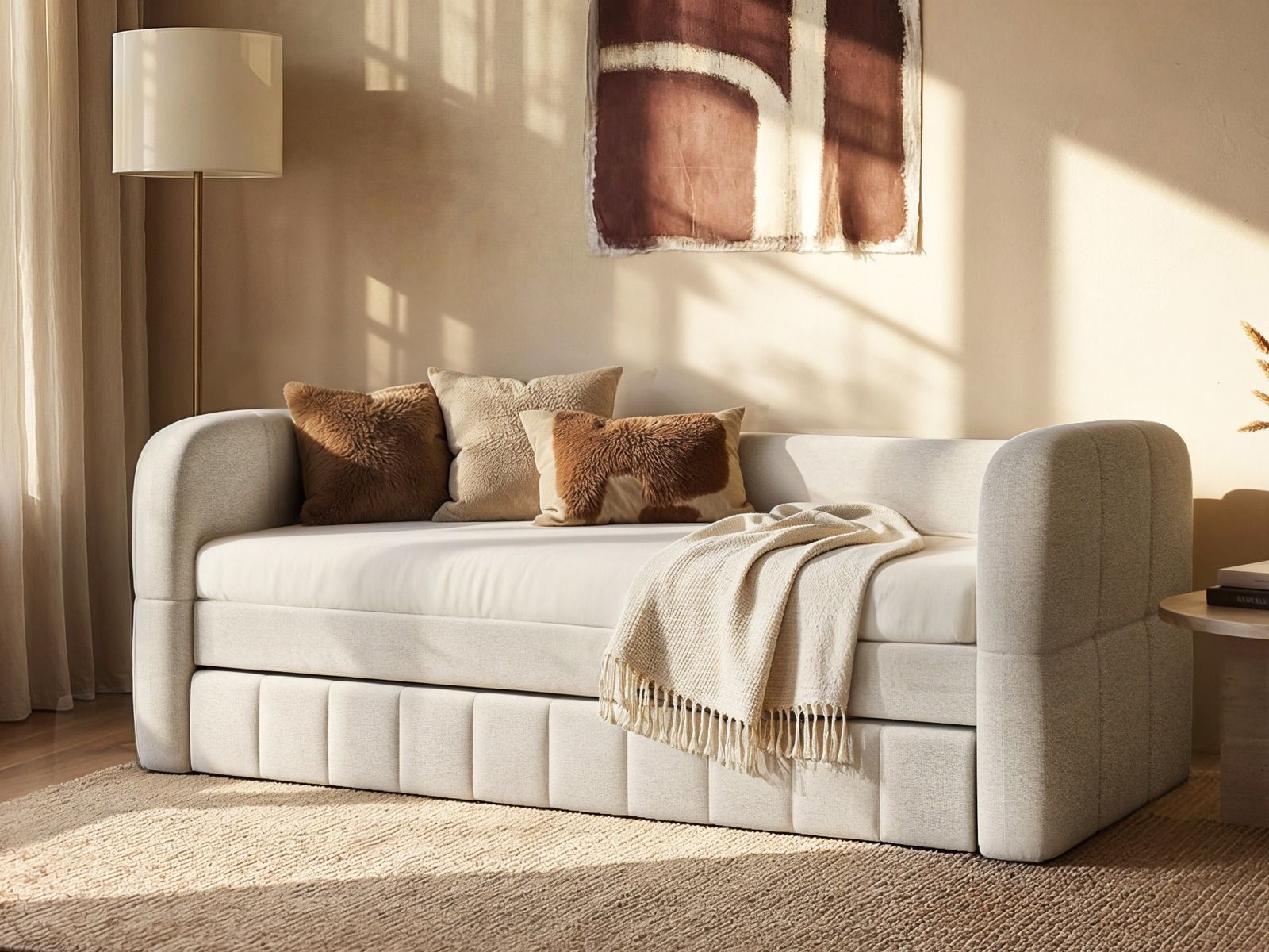 Flair Livia Day Bed with Trundle Cream Chenille