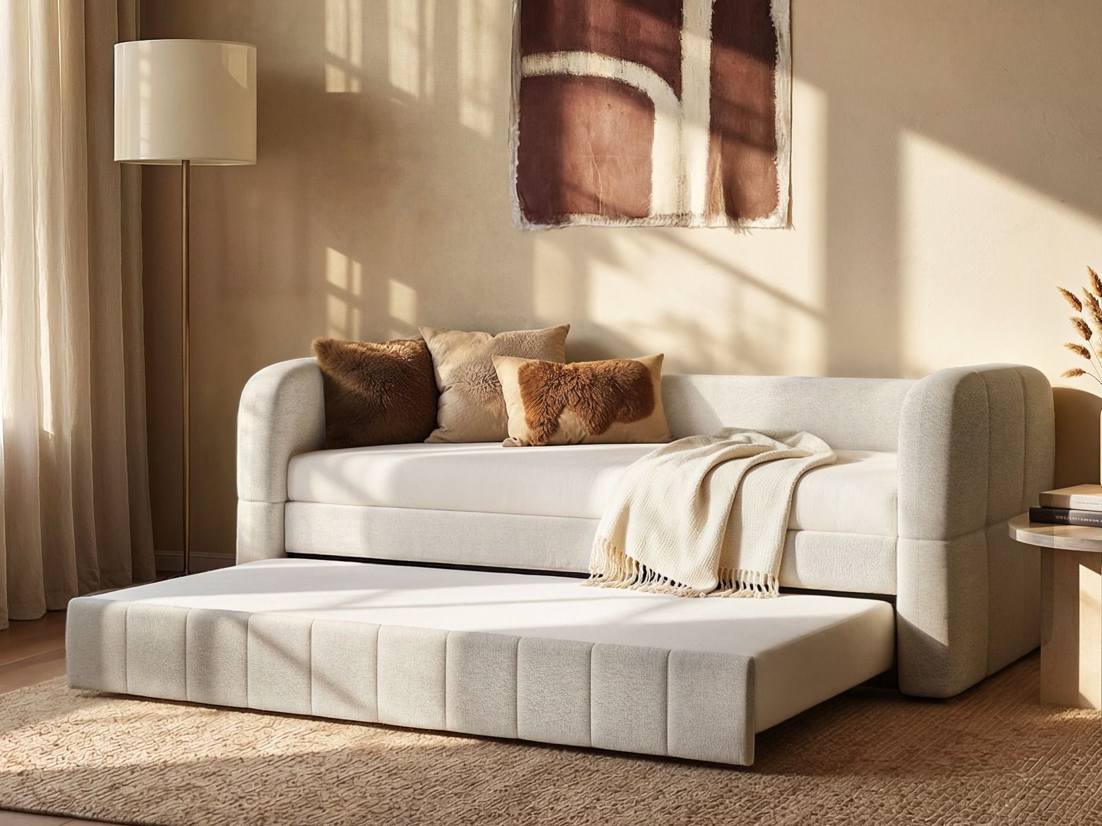 Flair Livia Day Bed with Trundle Cream Chenille