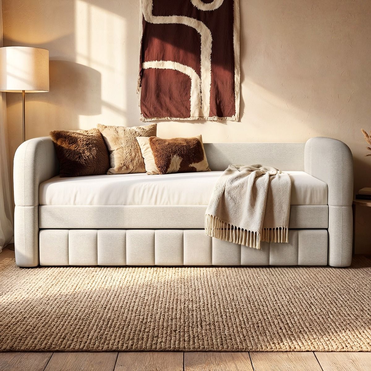 Flair Livia Day Bed with Trundle Cream Chenille