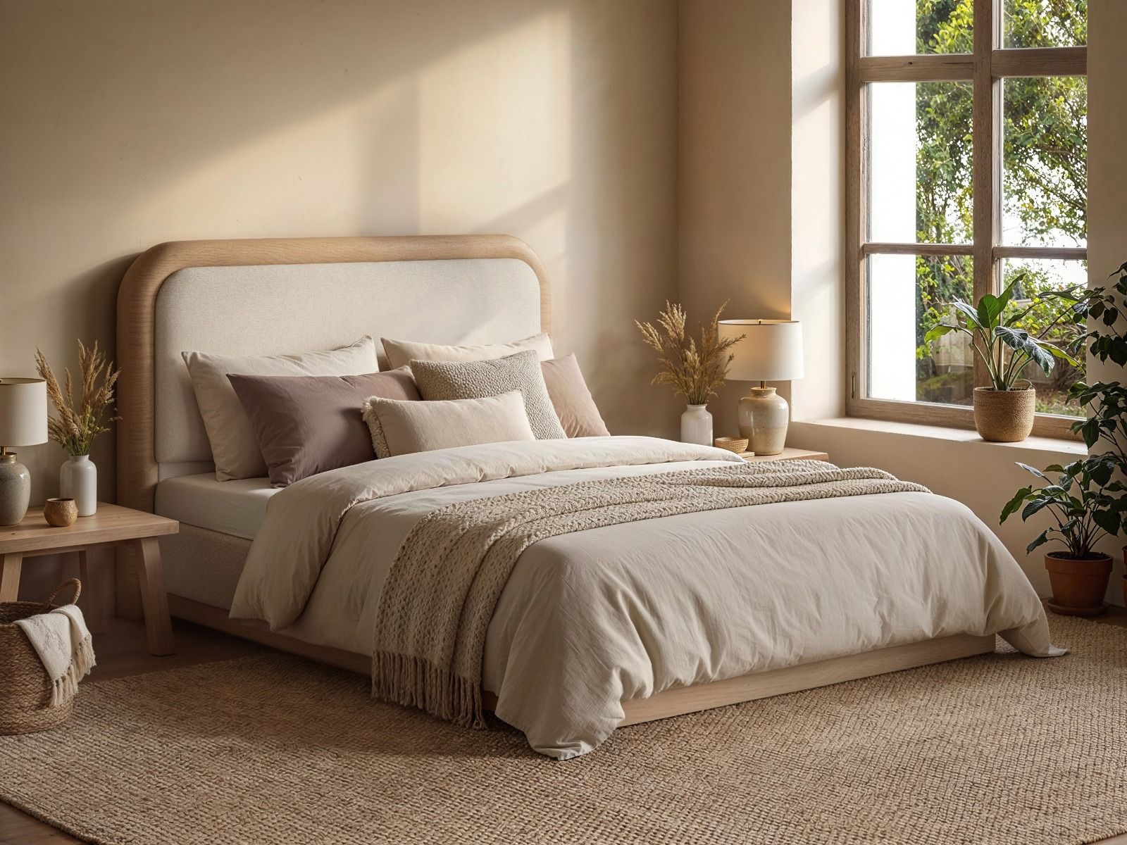 SOLACE+CO Gabriela Wooden Bed Frame Cream Chenille