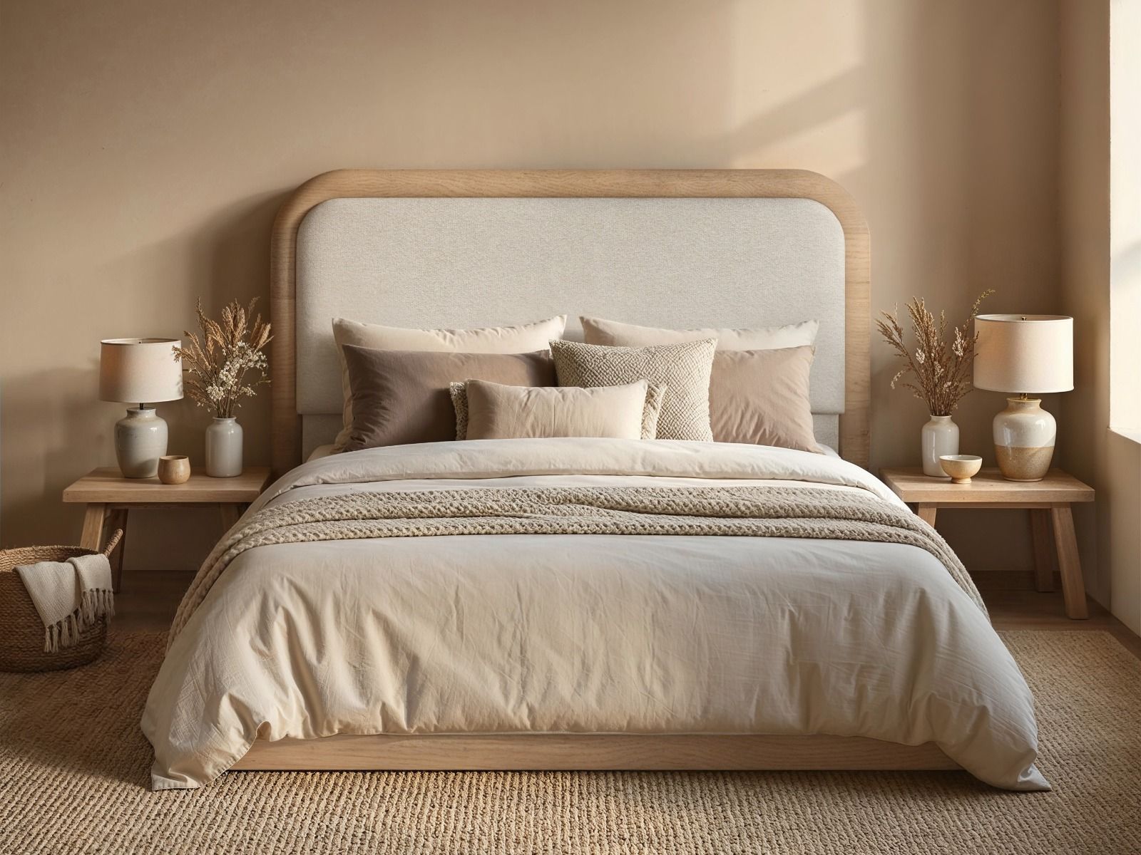 SOLACE+CO Gabriela Wooden Bed Frame Cream Chenille