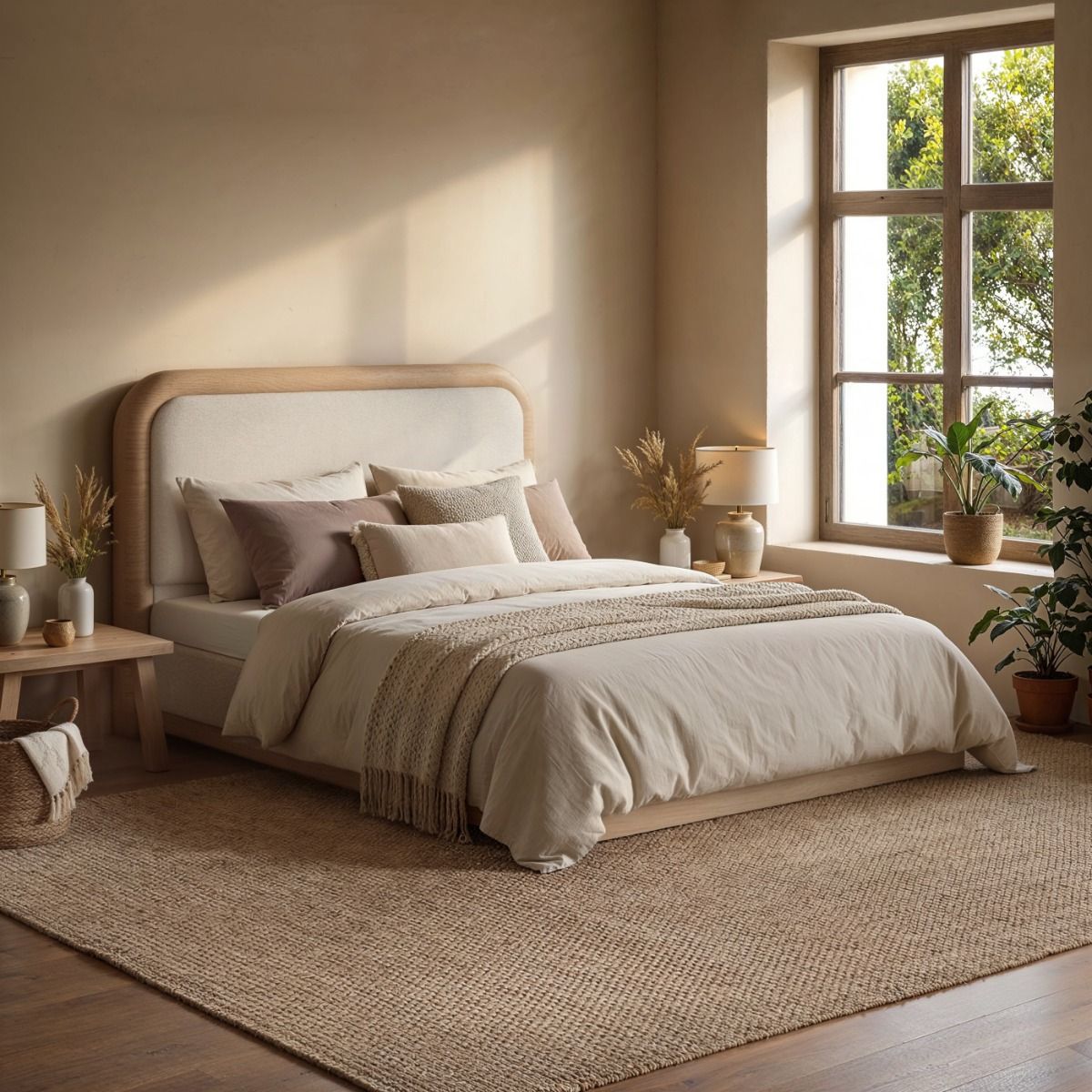 SOLACE+CO Gabriela Wooden Bed Frame Cream Chenille