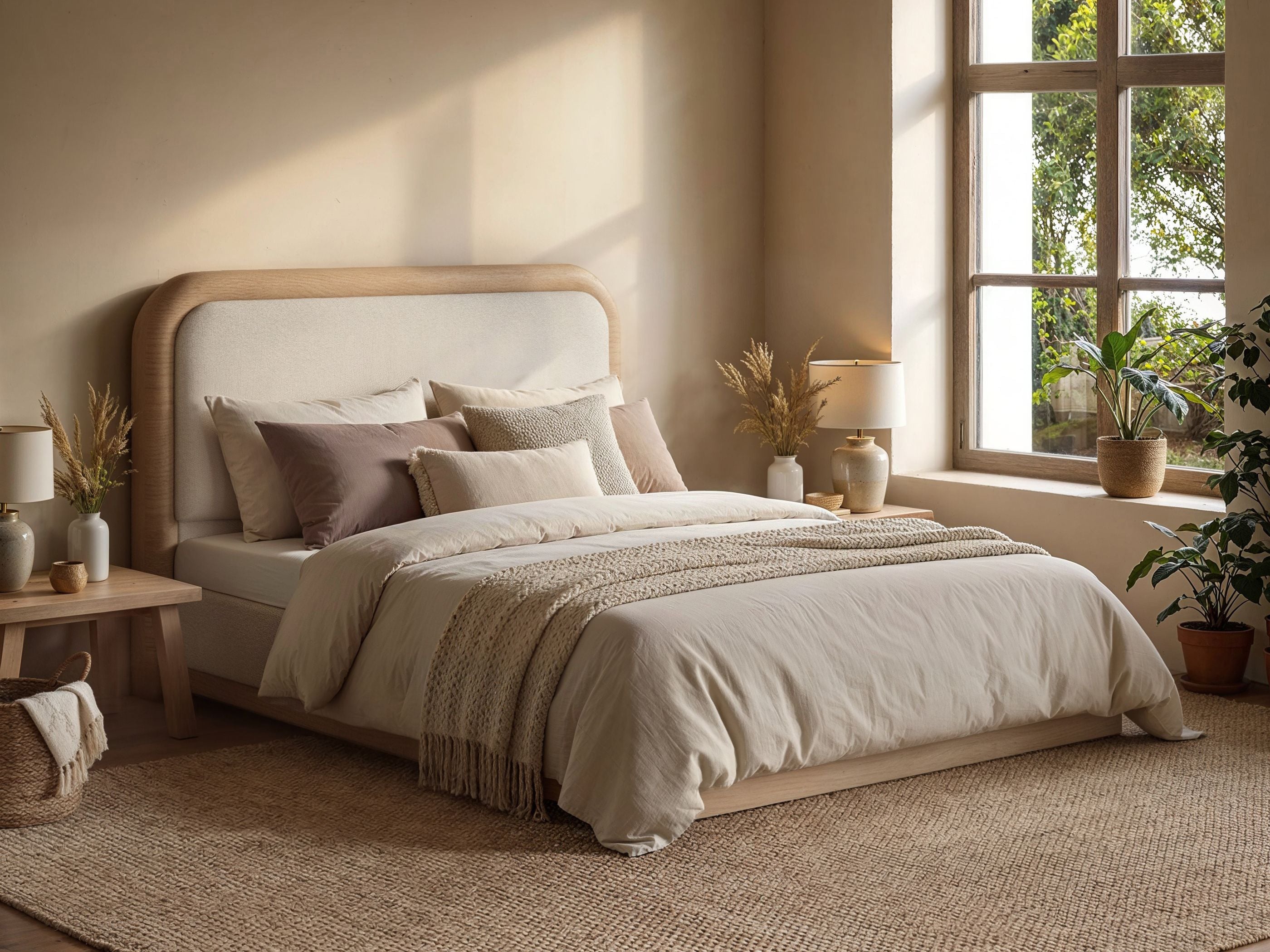 SOLACE+CO Gabriela Wooden Bed Frame Cream Chenille
